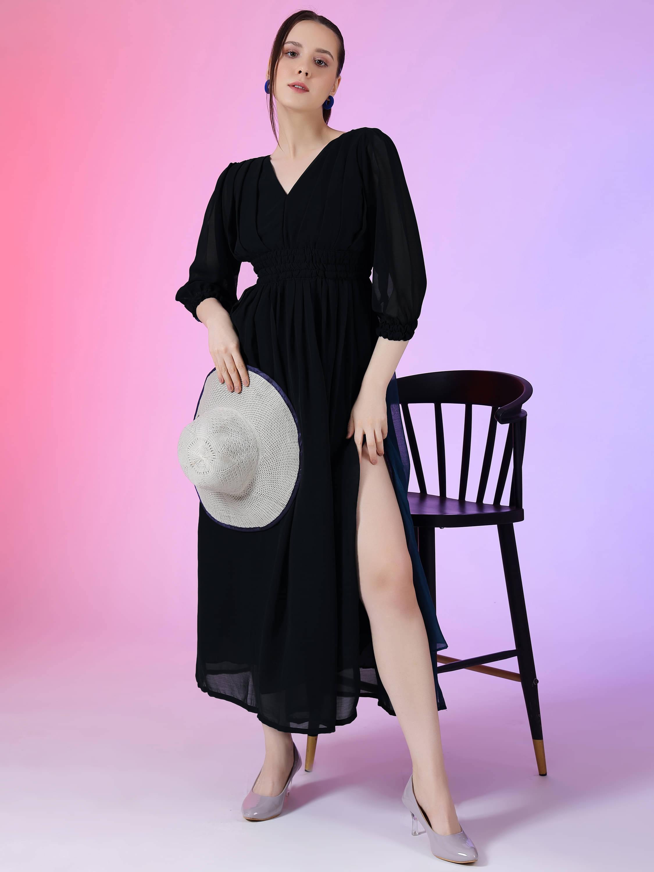     			JASH CREATION Women Georgette Solid Fit & Flare Dress ( Black )