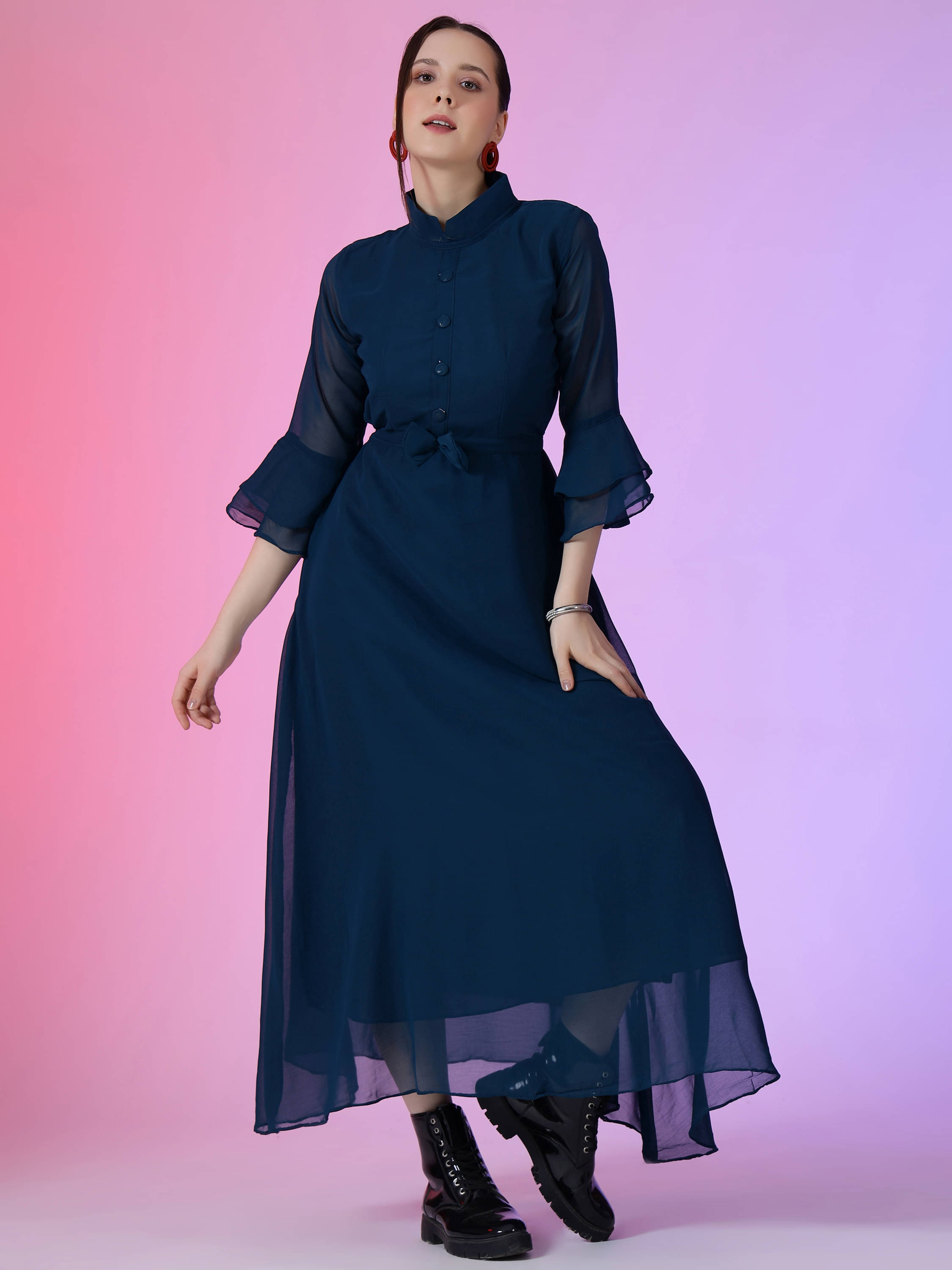 JASH CREATION Women Georgette Solid Fit & Flare Dress ( Blue ) JASH CREATION Women Georgette Solid Fit & Flare Dress ( Blue )