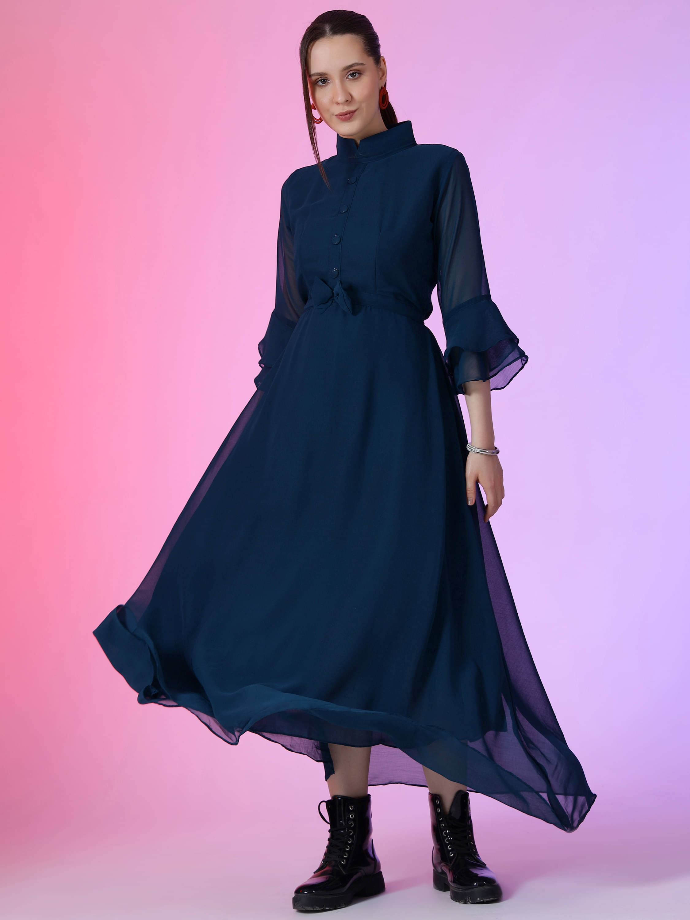 JASH CREATION Women Georgette Solid Fit & Flare Dress ( Blue ) JASH CREATION Women Georgette Solid Fit & Flare Dress ( Blue )
