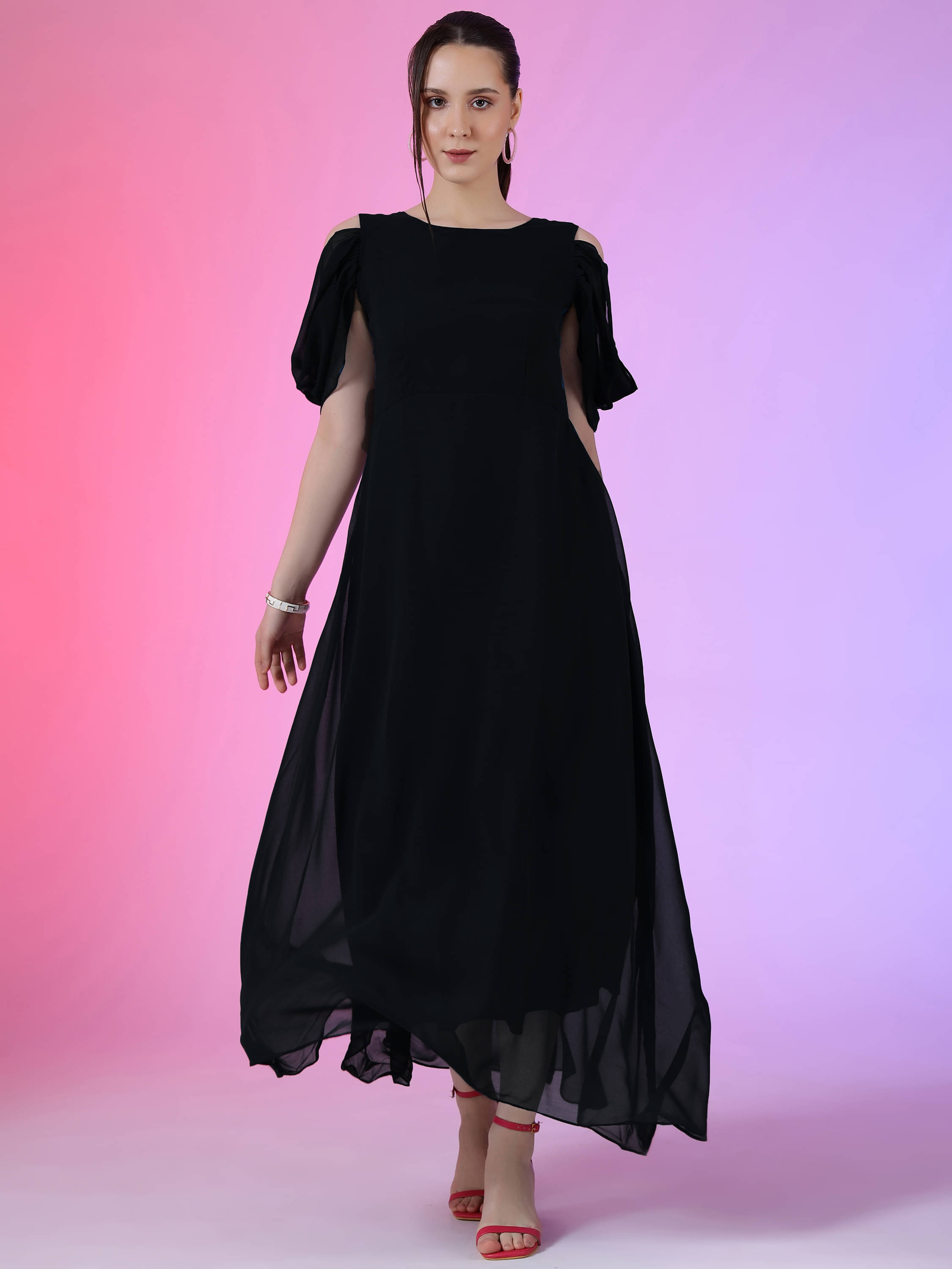 JASH CREATION Georgette Solid Full Length Women's Fit & Flare Dress - Black ( Pack of 1 ) JASH CREATION Georgette Solid Full Length Women's Fit & Flare Dress - Black ( Pack of 1 )