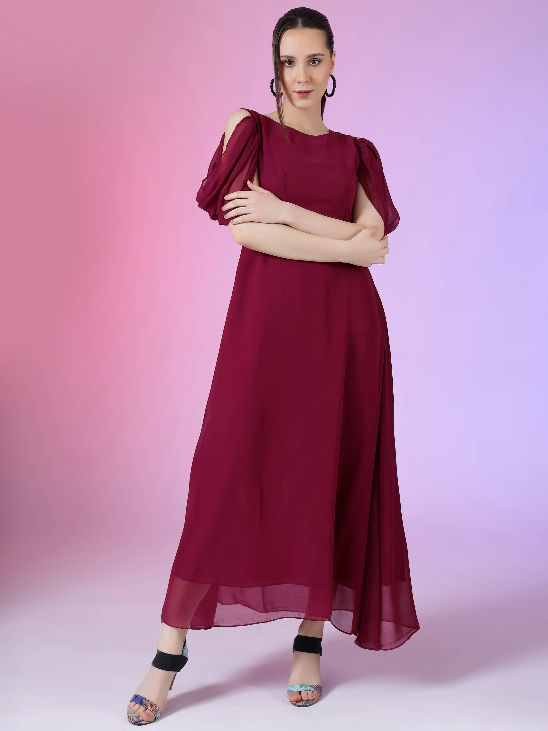 JASH CREATION Georgette Solid Full Length Women's Fit & Flare Dress - Purple ( Pack of 1 ) JASH CREATION Georgette Solid Full Length Women's Fit & Flare Dress - Purple ( Pack of 1 )