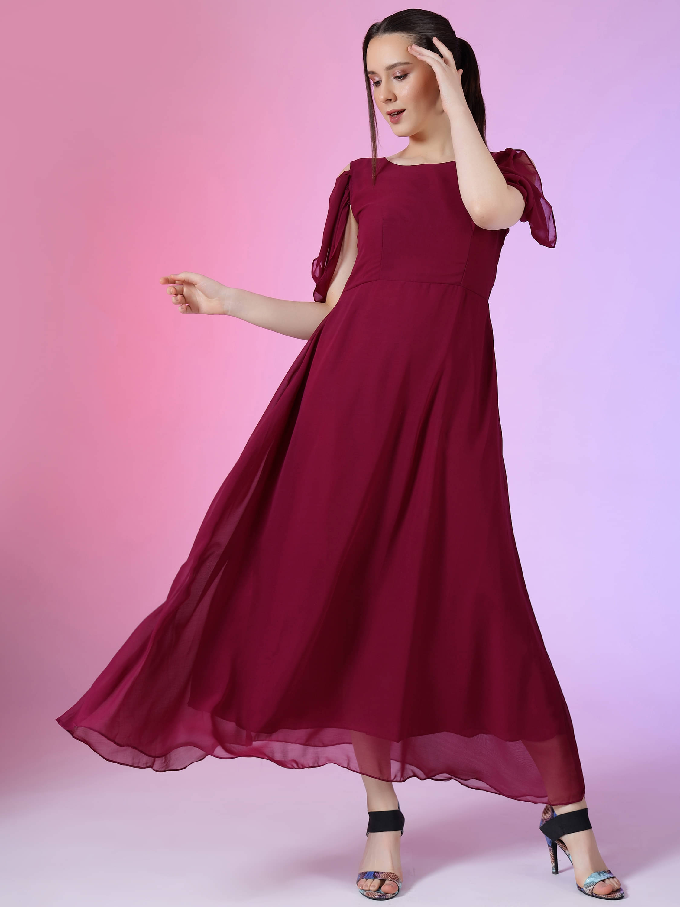 JASH CREATION Georgette Solid Full Length Women's Fit & Flare Dress - Purple ( Pack of 1 ) JASH CREATION Georgette Solid Full Length Women's Fit & Flare Dress - Purple ( Pack of 1 )