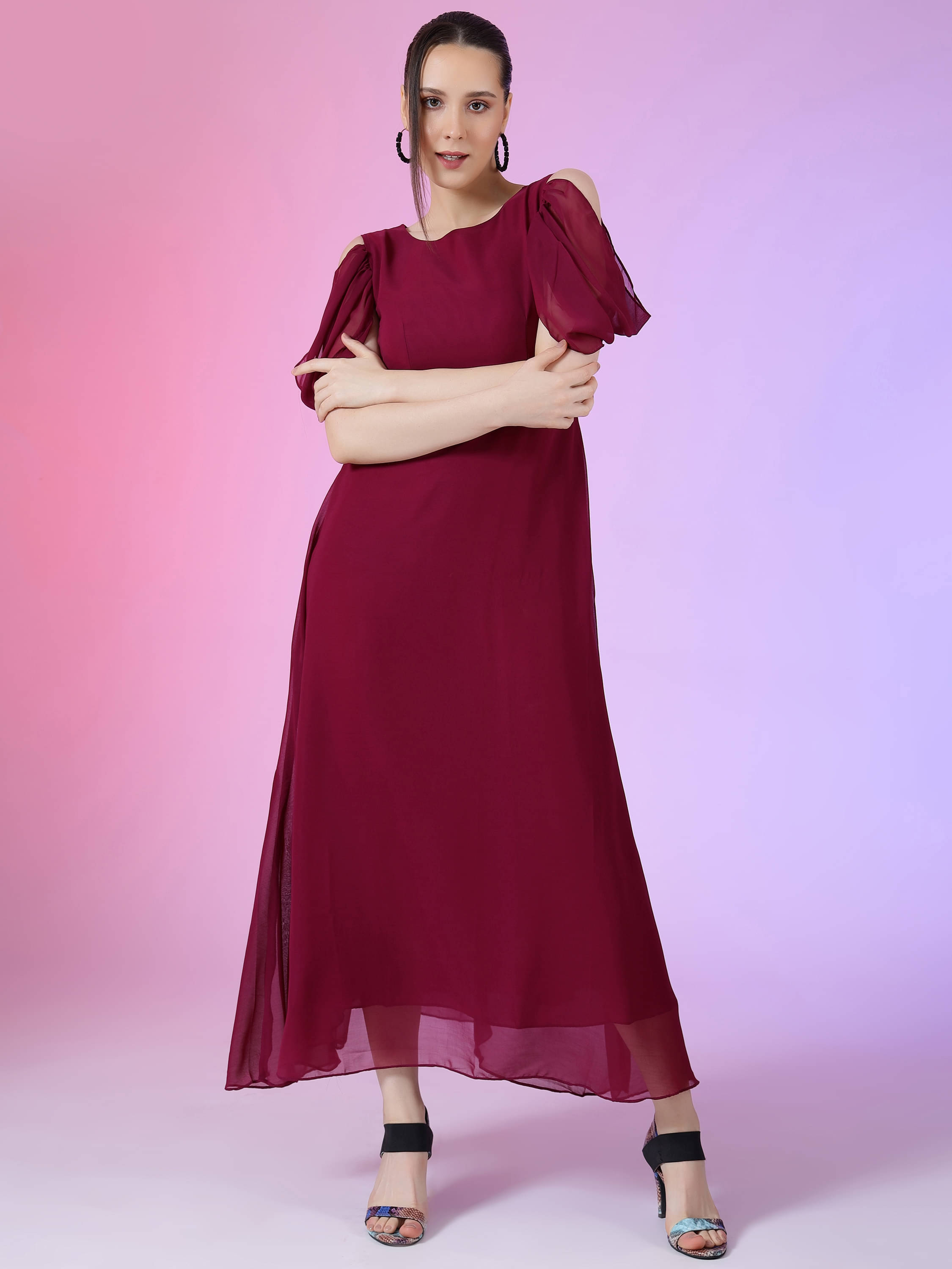 JASH CREATION Georgette Solid Full Length Women's Fit & Flare Dress - Purple ( Pack of 1 ) JASH CREATION Georgette Solid Full Length Women's Fit & Flare Dress - Purple ( Pack of 1 )