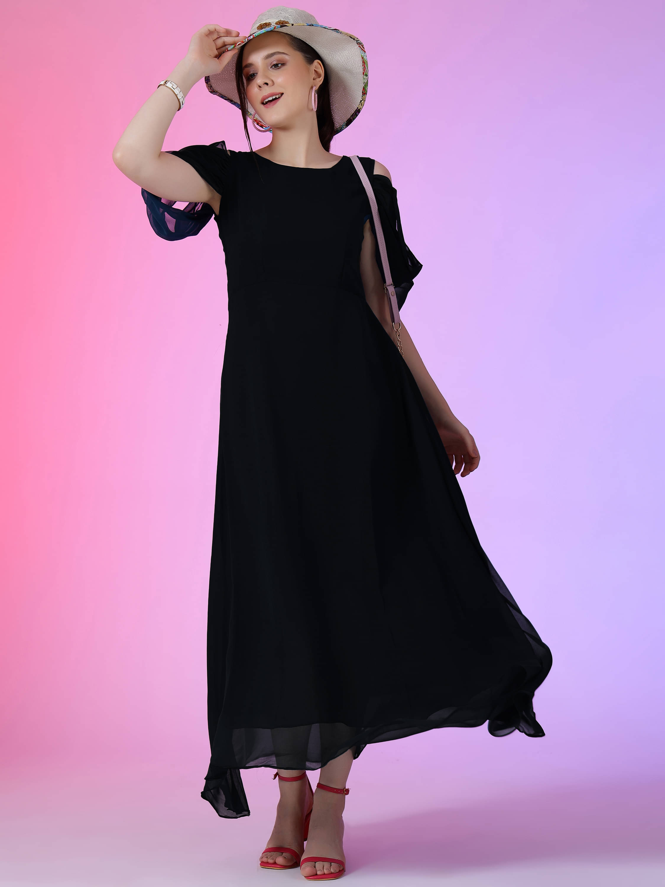 JASH CREATION Georgette Solid Full Length Women's Fit & Flare Dress - Black ( Pack of 1 ) JASH CREATION Georgette Solid Full Length Women's Fit & Flare Dress - Black ( Pack of 1 )