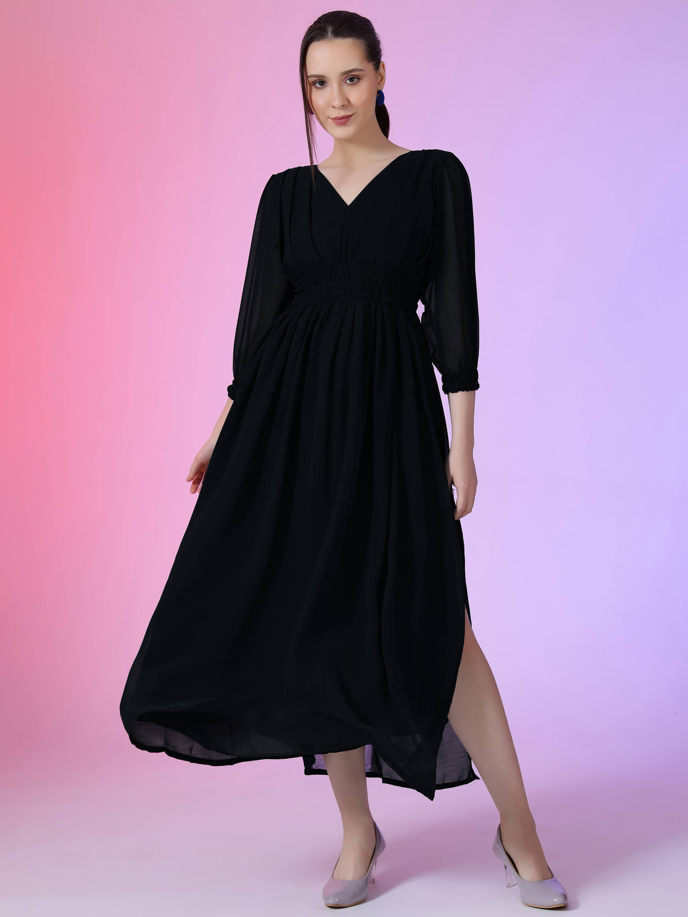 JASH CREATION Women Georgette Solid Fit & Flare Dress ( Black ) JASH CREATION Women Georgette Solid Fit & Flare Dress ( Black )