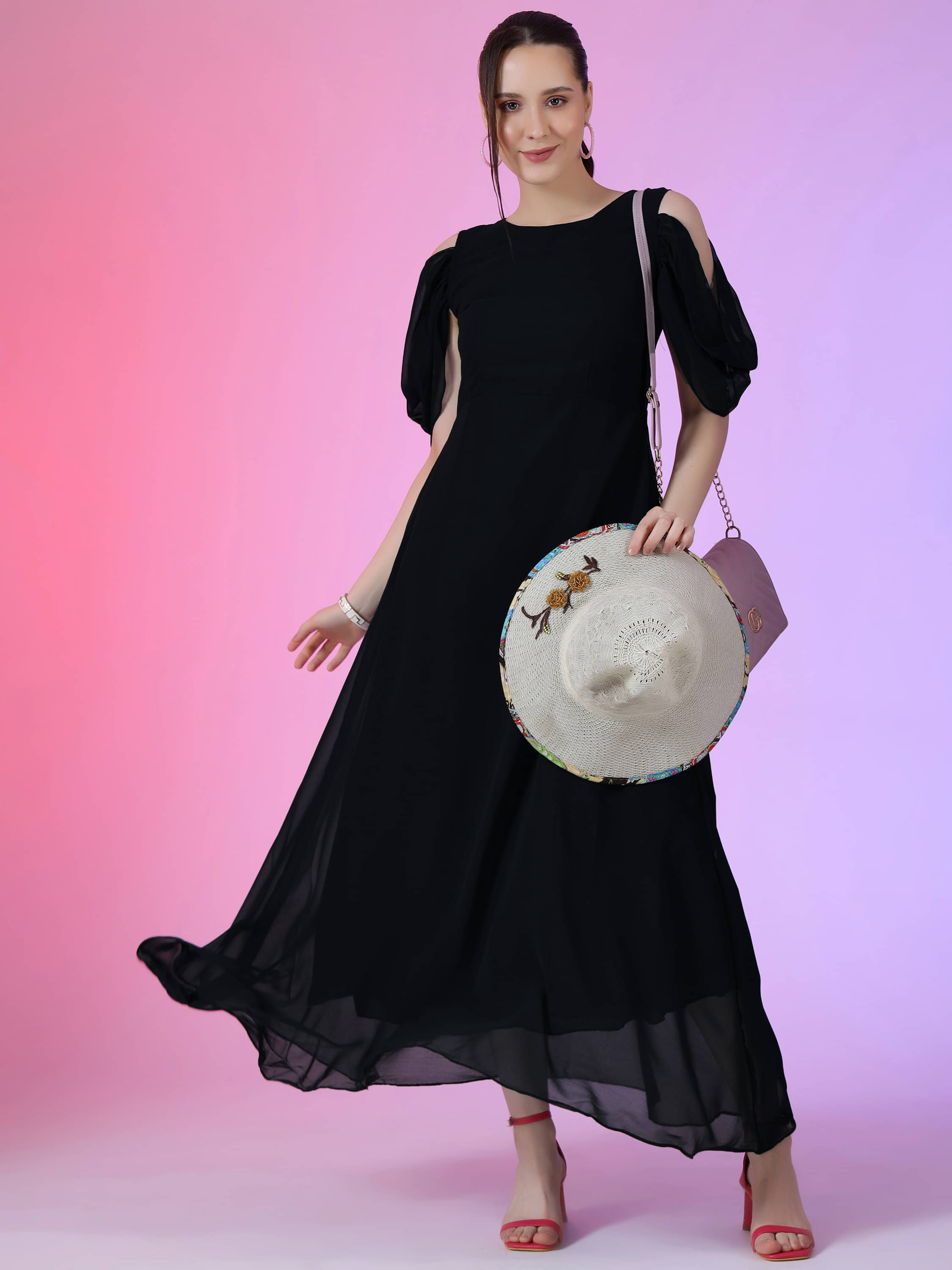 JASH CREATION Georgette Solid Full Length Women's Fit & Flare Dress - Black ( Pack of 1 ) JASH CREATION Georgette Solid Full Length Women's Fit & Flare Dress - Black ( Pack of 1 )