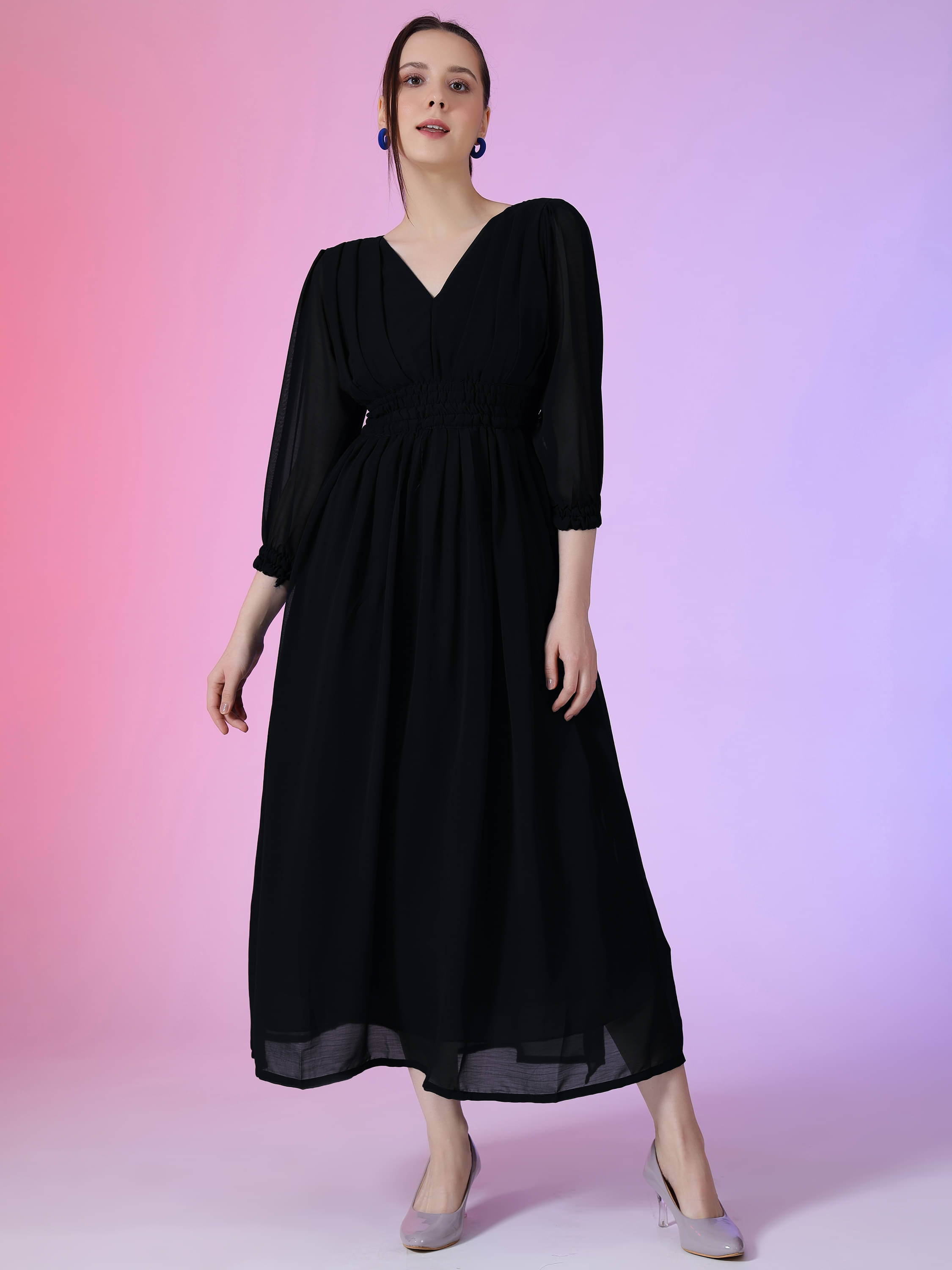 JASH CREATION Women Georgette Solid Fit & Flare Dress ( Black ) JASH CREATION Women Georgette Solid Fit & Flare Dress ( Black )