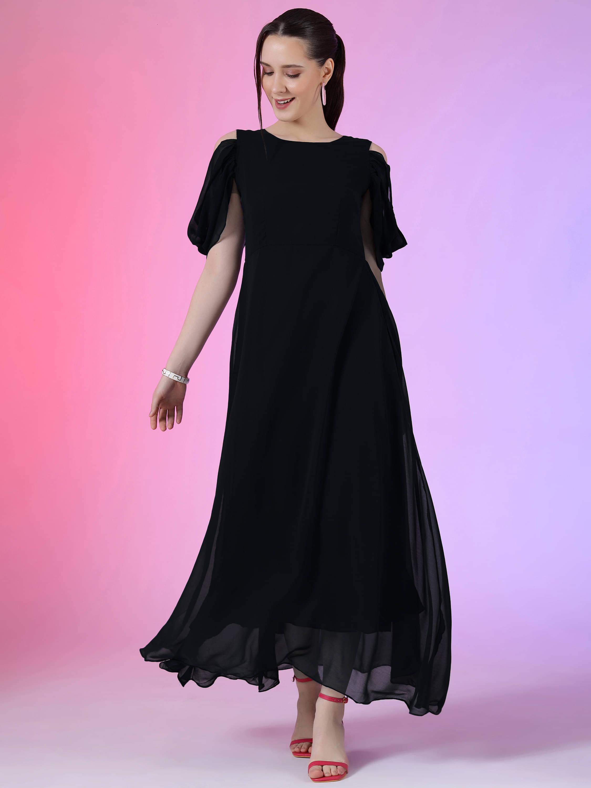 JASH CREATION Georgette Solid Full Length Women's Fit & Flare Dress - Black ( Pack of 1 ) JASH CREATION Georgette Solid Full Length Women's Fit & Flare Dress - Black ( Pack of 1 )