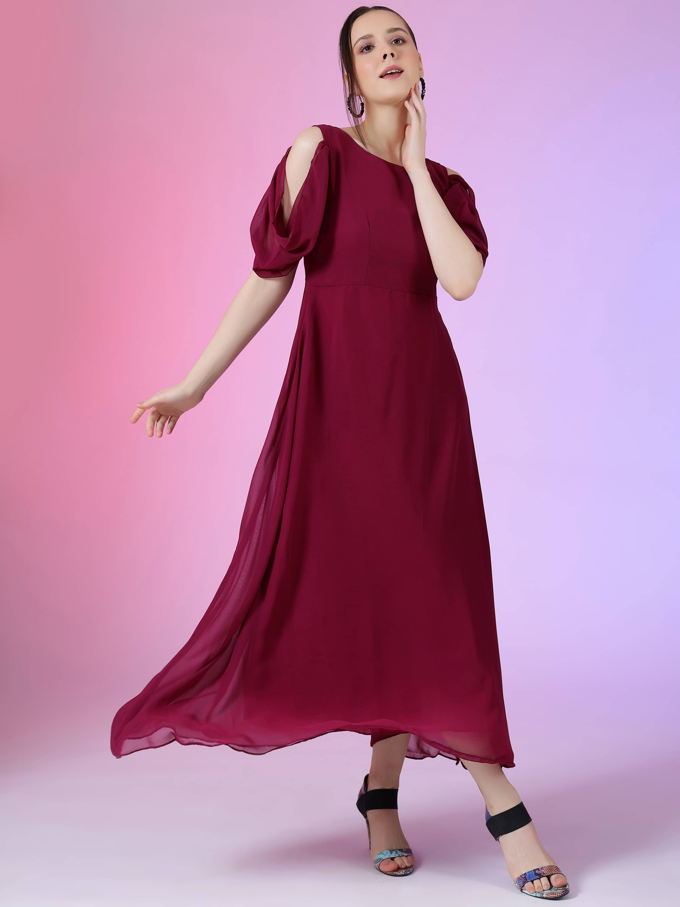 JASH CREATION Georgette Solid Full Length Women's Fit & Flare Dress - Purple ( Pack of 1 ) JASH CREATION Georgette Solid Full Length Women's Fit & Flare Dress - Purple ( Pack of 1 )