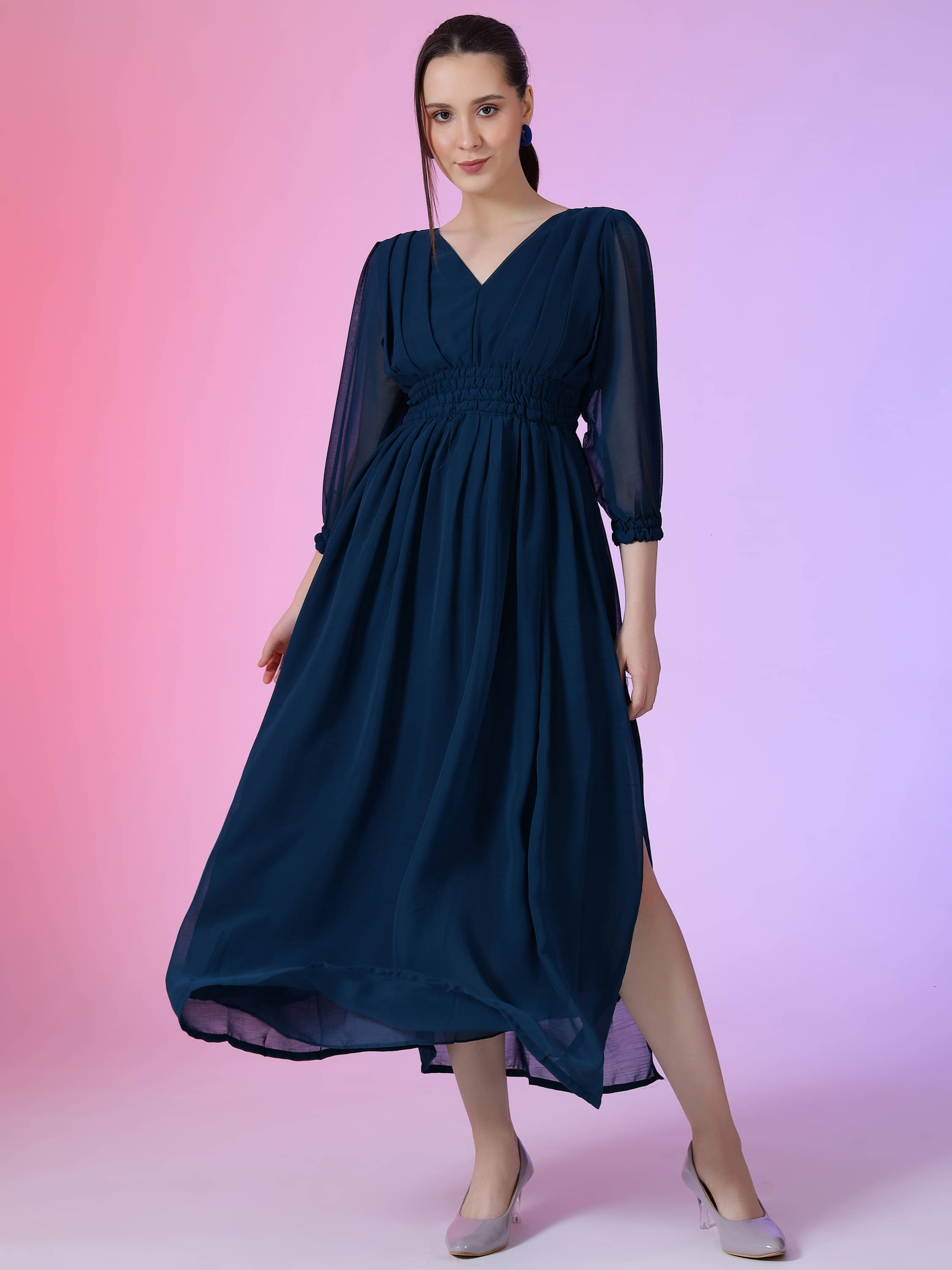     			JASH CREATION Women Georgette Solid Fit & Flare Dress ( Blue )
