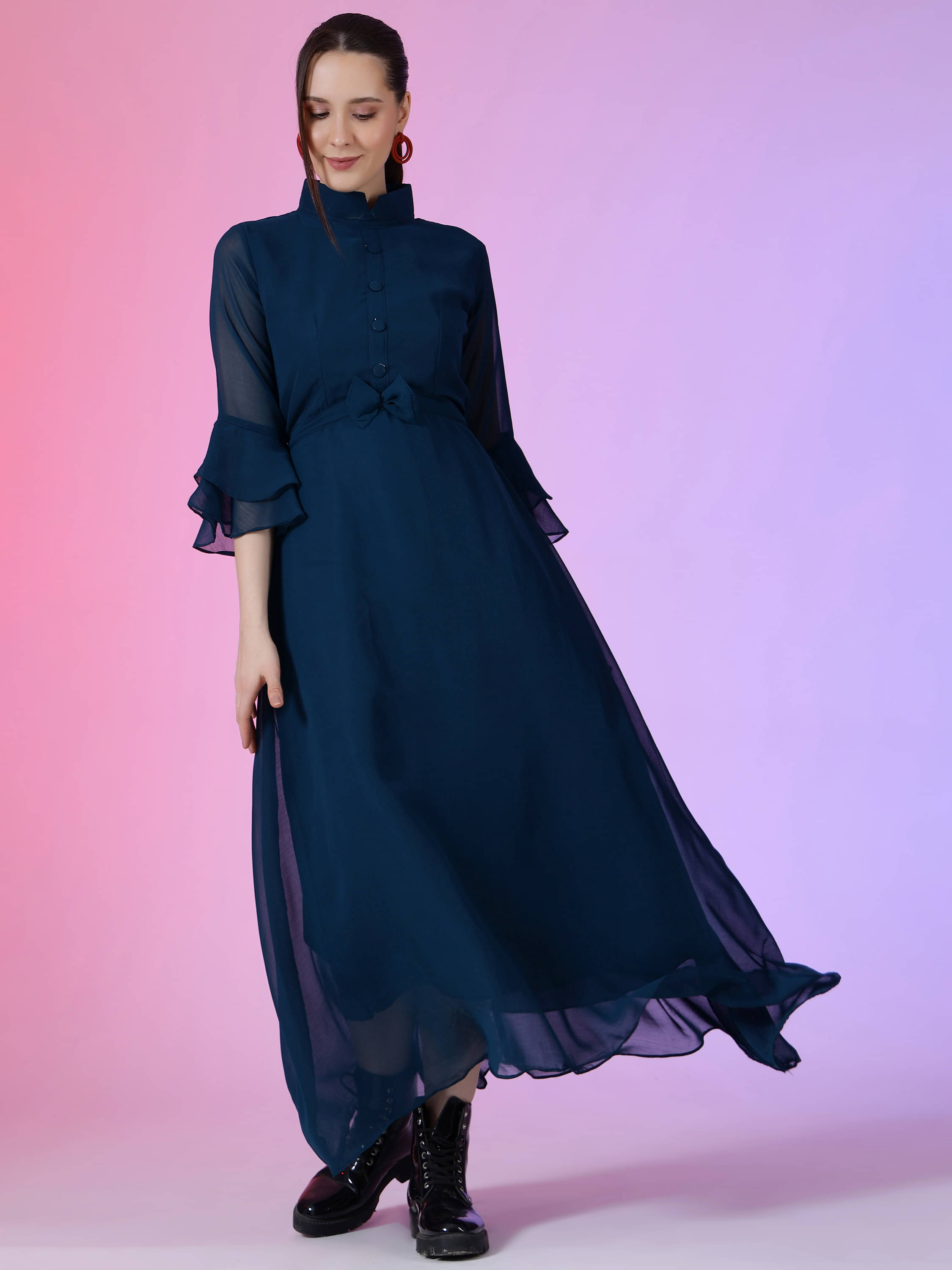 JASH CREATION Women Georgette Solid Fit & Flare Dress ( Blue ) JASH CREATION Women Georgette Solid Fit & Flare Dress ( Blue )