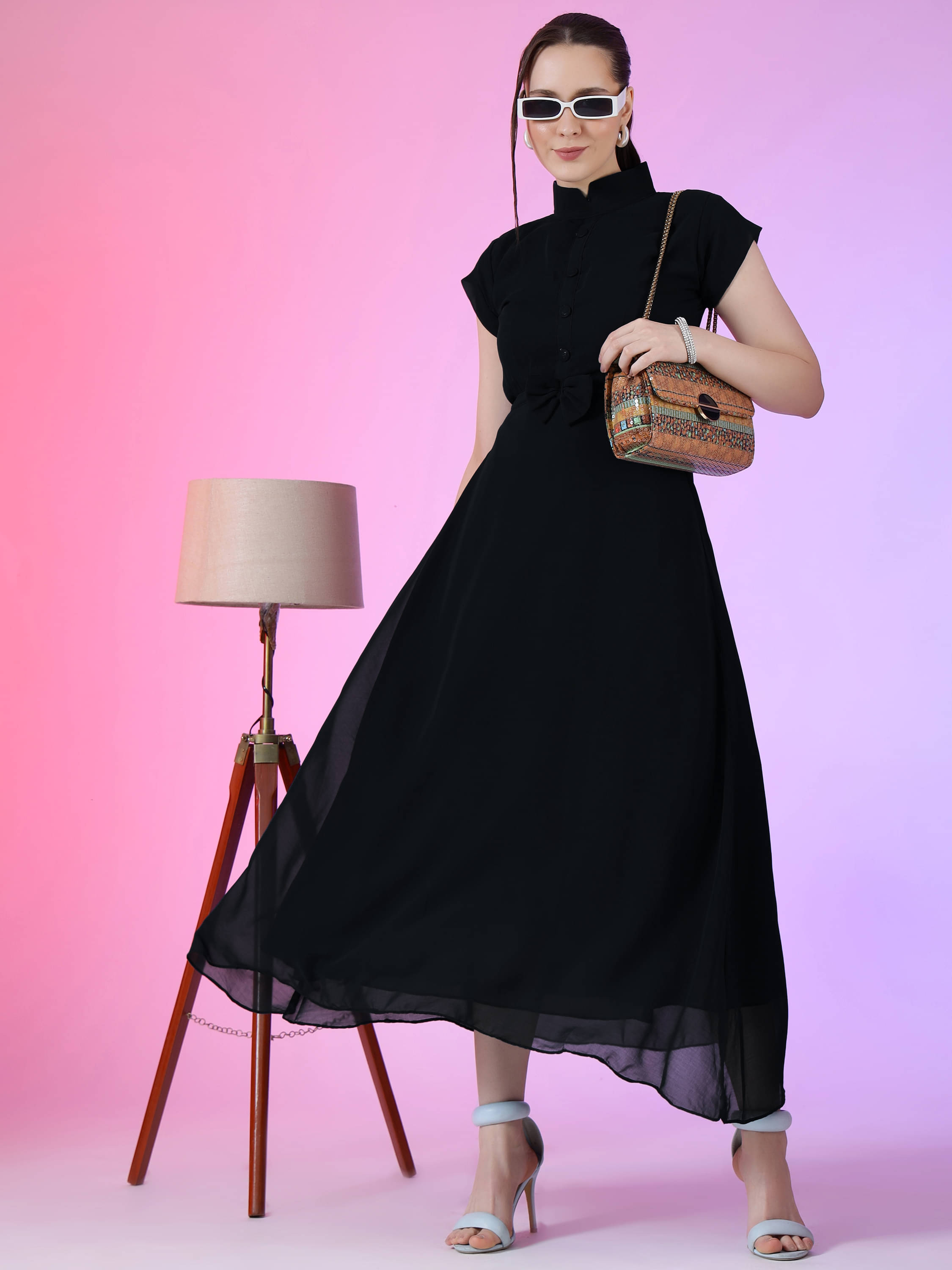 JASH CREATION Women Georgette Solid Fit & Flare Dress ( Black ) JASH CREATION Women Georgette Solid Fit & Flare Dress ( Black )