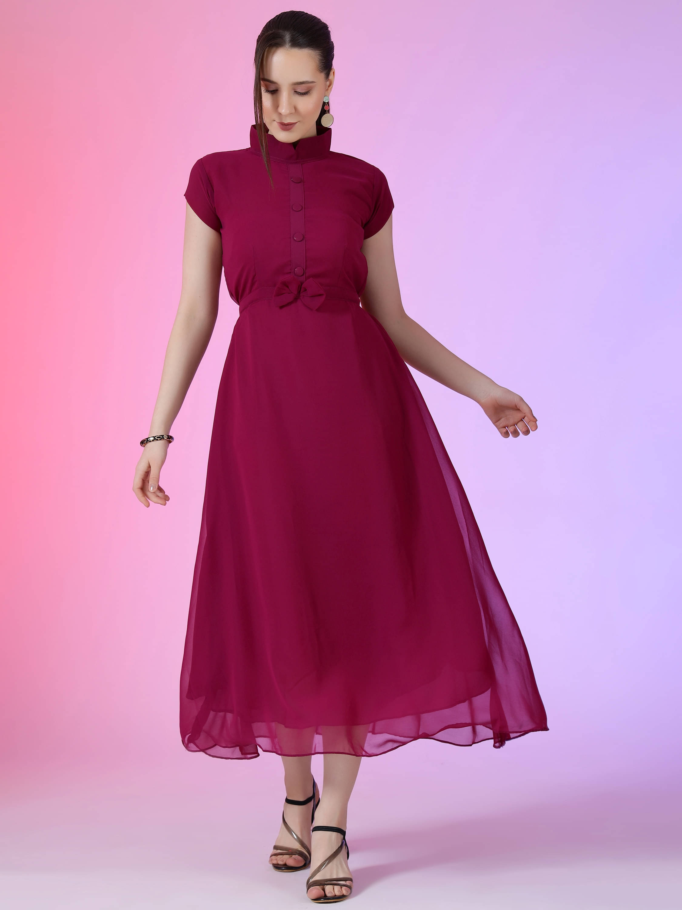 JASH CREATION Women Georgette Solid Fit & Flare Dress ( Purple ) JASH CREATION Women Georgette Solid Fit & Flare Dress ( Purple )