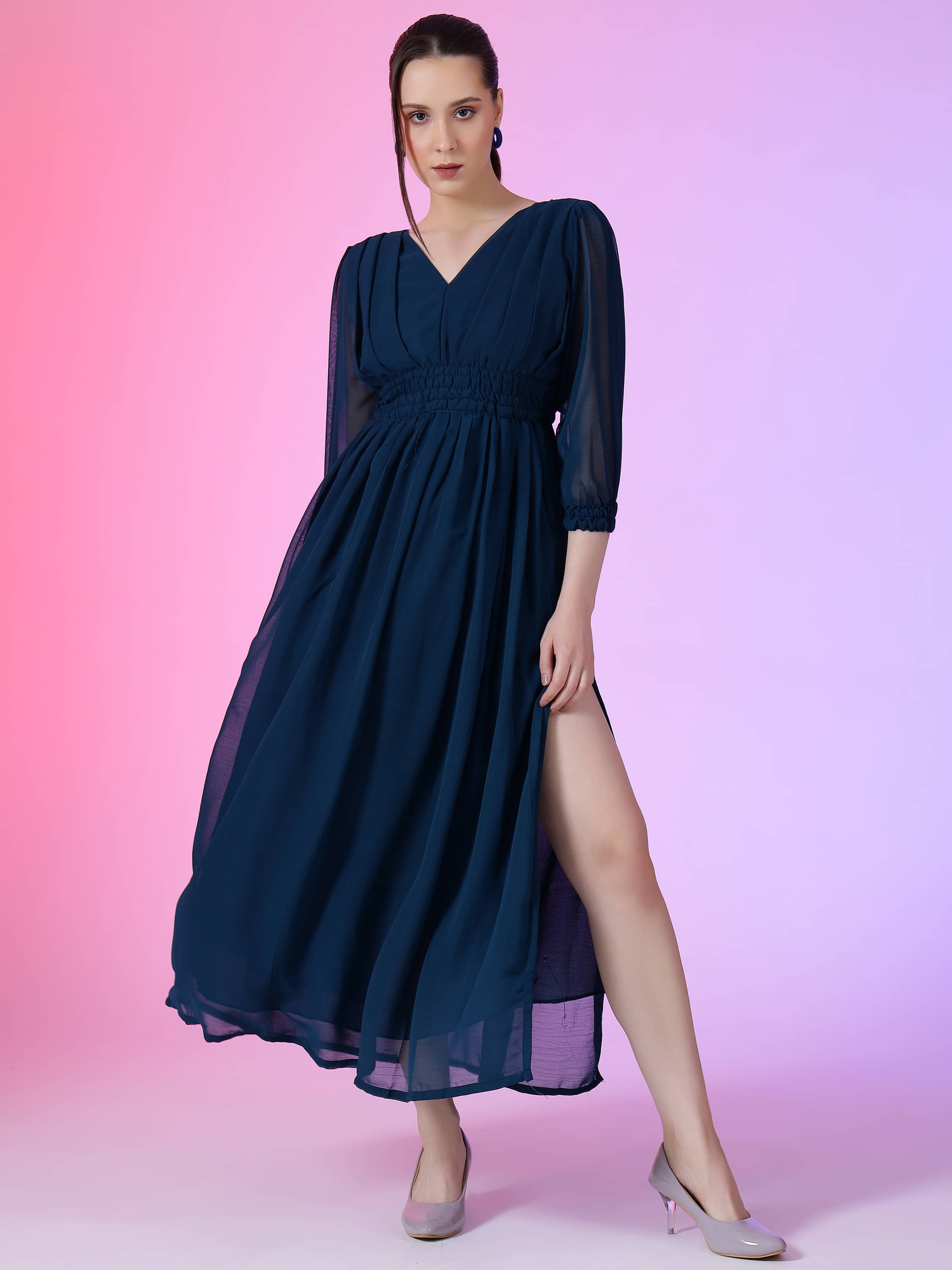 JASH CREATION Women Georgette Solid Fit & Flare Dress ( Blue ) JASH CREATION Women Georgette Solid Fit & Flare Dress ( Blue )