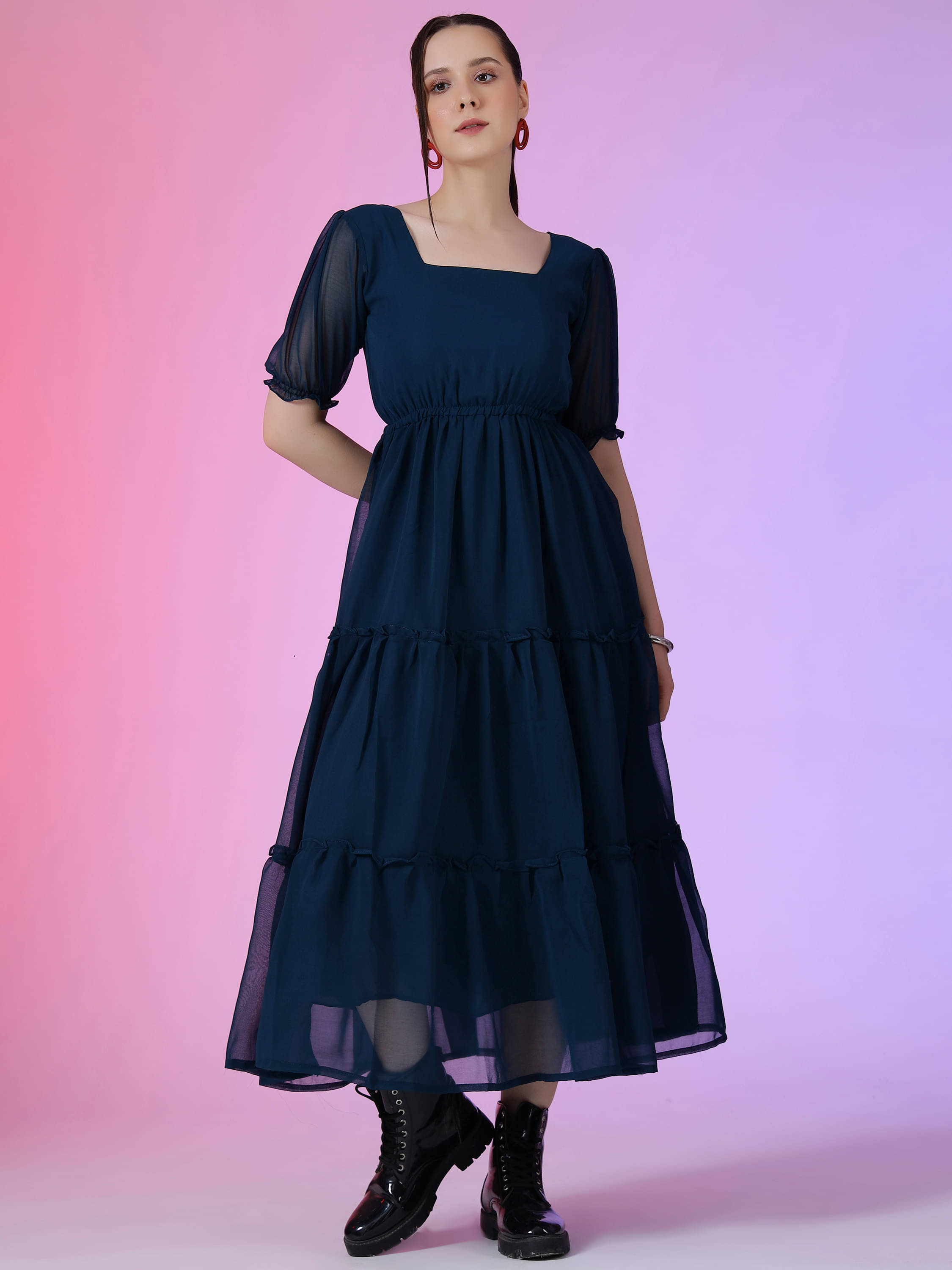 JASH CREATION Georgette Solid Full Length Women's Fit & Flare Dress - Blue ( Pack of 1 ) JASH CREATION Georgette Solid Full Length Women's Fit & Flare Dress - Blue ( Pack of 1 )