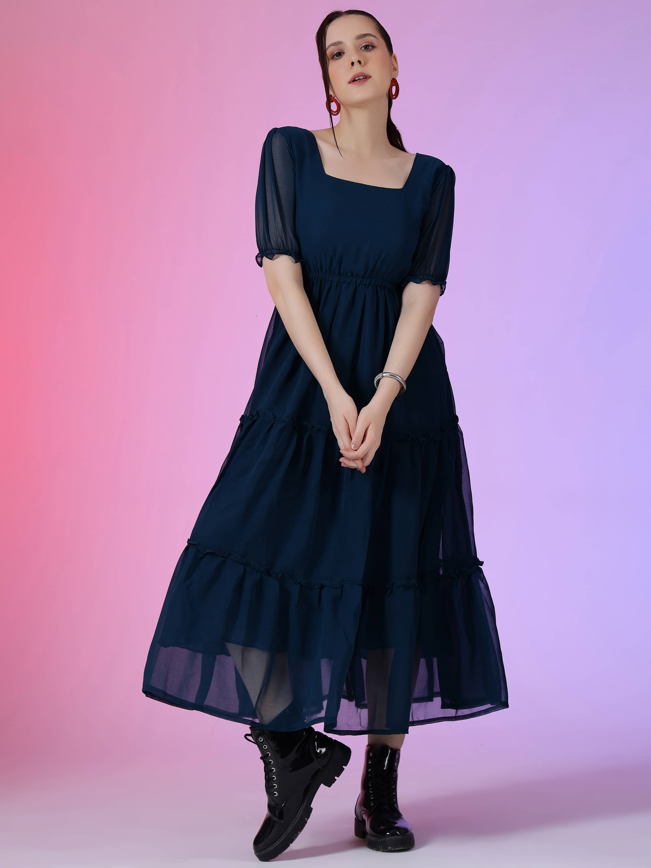 JASH CREATION Women Georgette Solid Fit & Flare Dress ( Blue ) JASH CREATION Women Georgette Solid Fit & Flare Dress ( Blue )