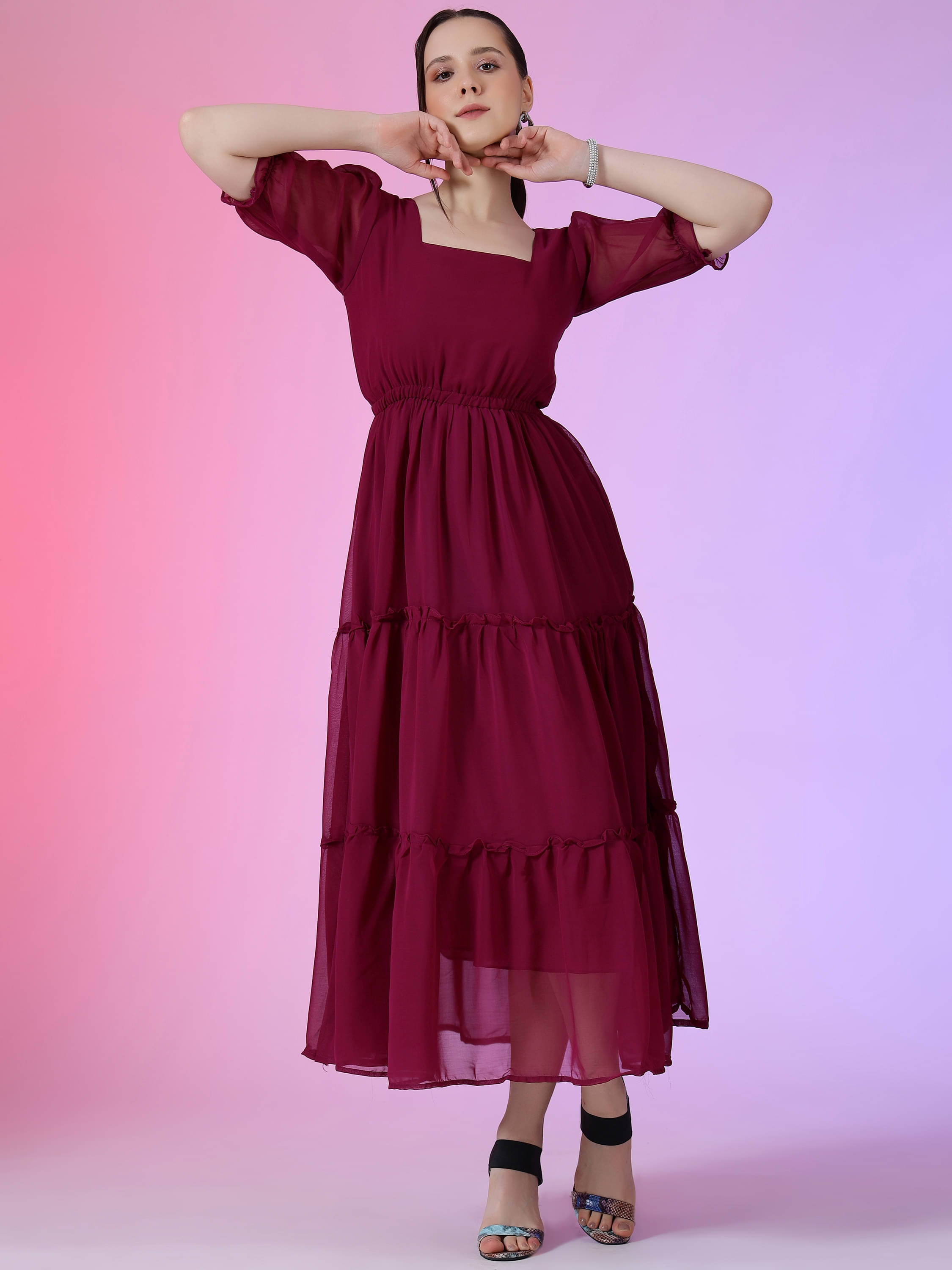 JASH CREATION Women Georgette Solid Fit & Flare Dress ( Purple ) JASH CREATION Women Georgette Solid Fit & Flare Dress ( Purple )