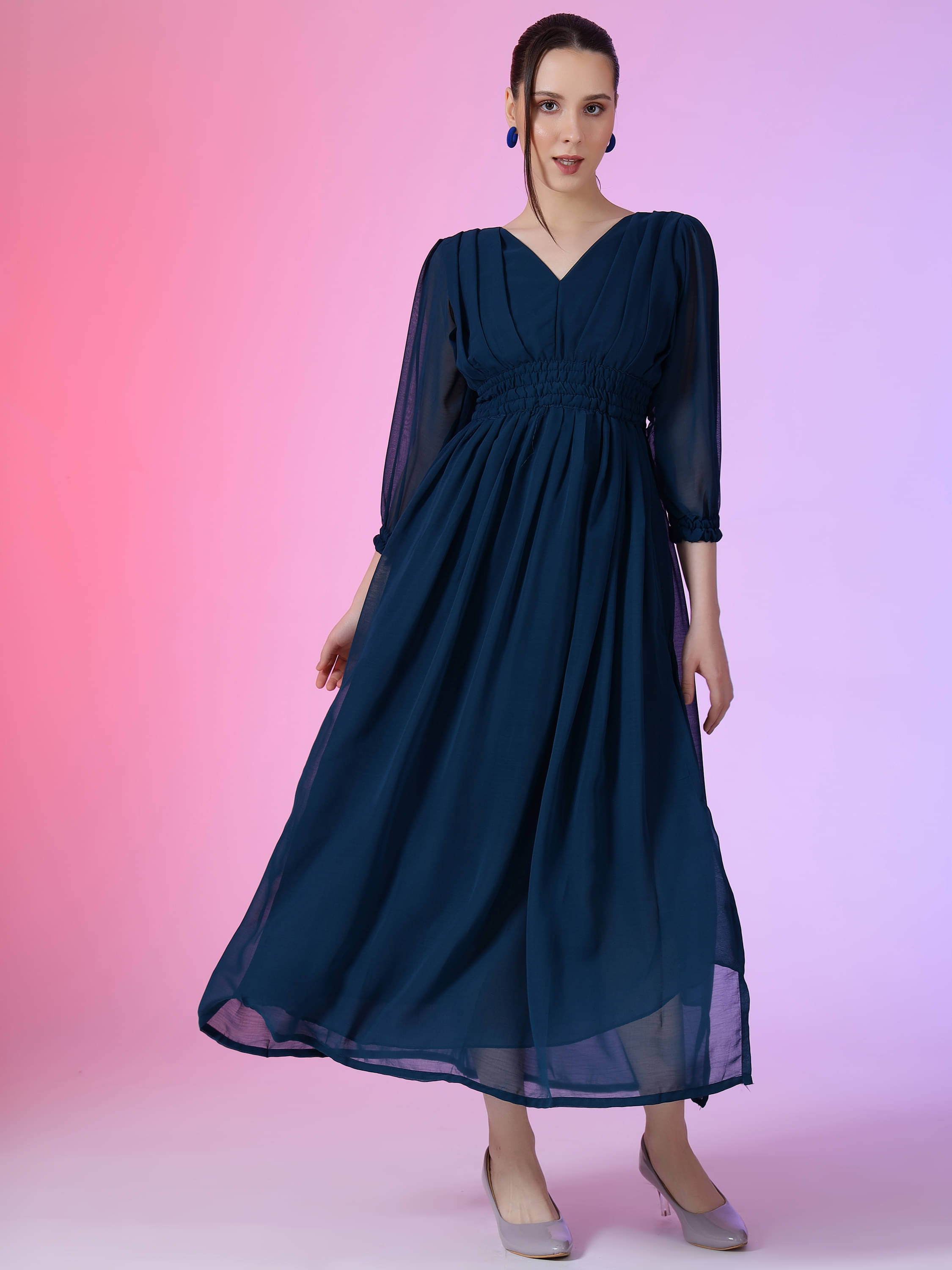     			JASH CREATION Georgette Solid Full Length Women's Fit & Flare Dress - Blue ( Pack of 1 )