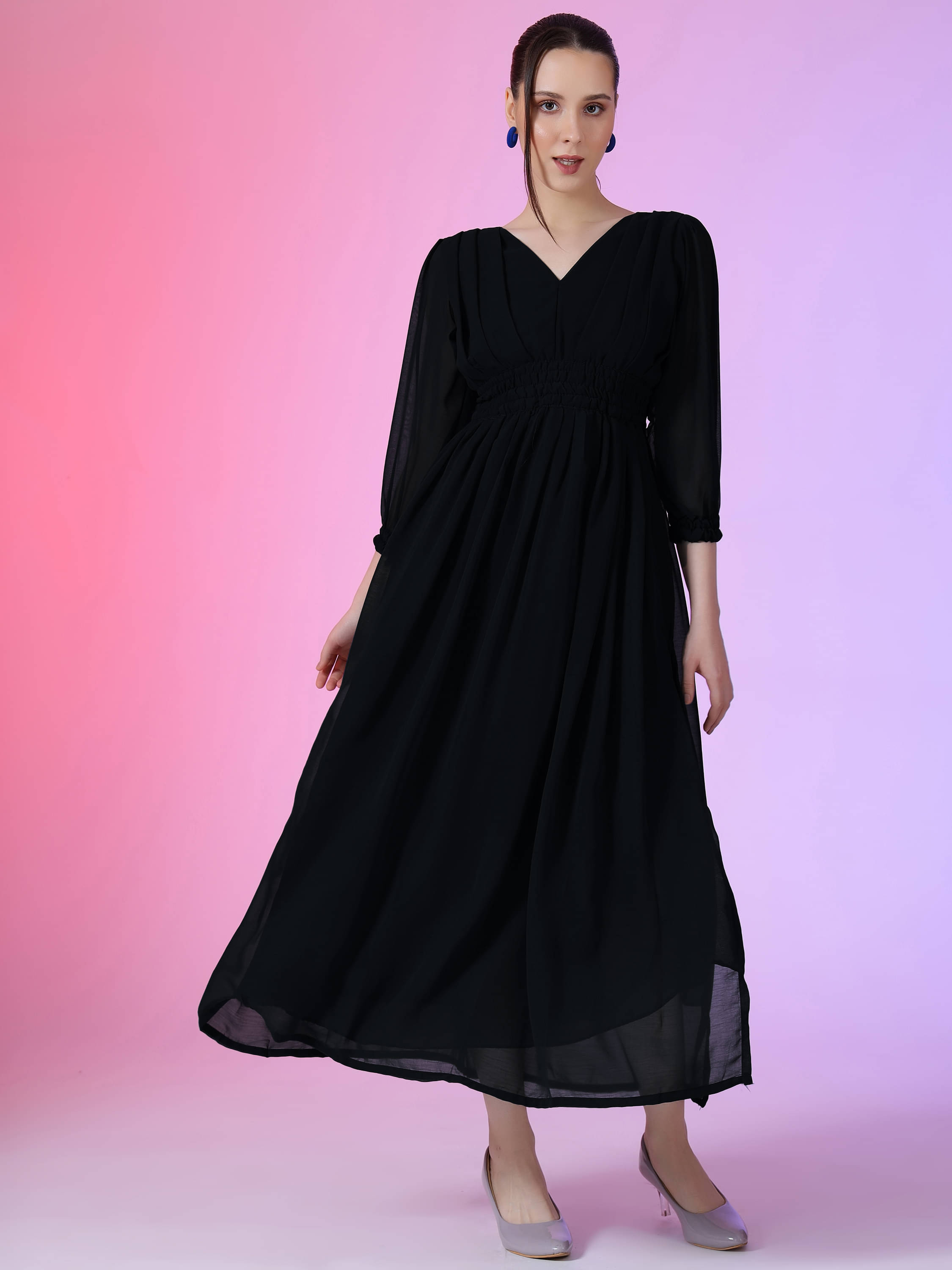 JASH CREATION Women Georgette Solid Fit & Flare Dress ( Black ) JASH CREATION Women Georgette Solid Fit & Flare Dress ( Black )