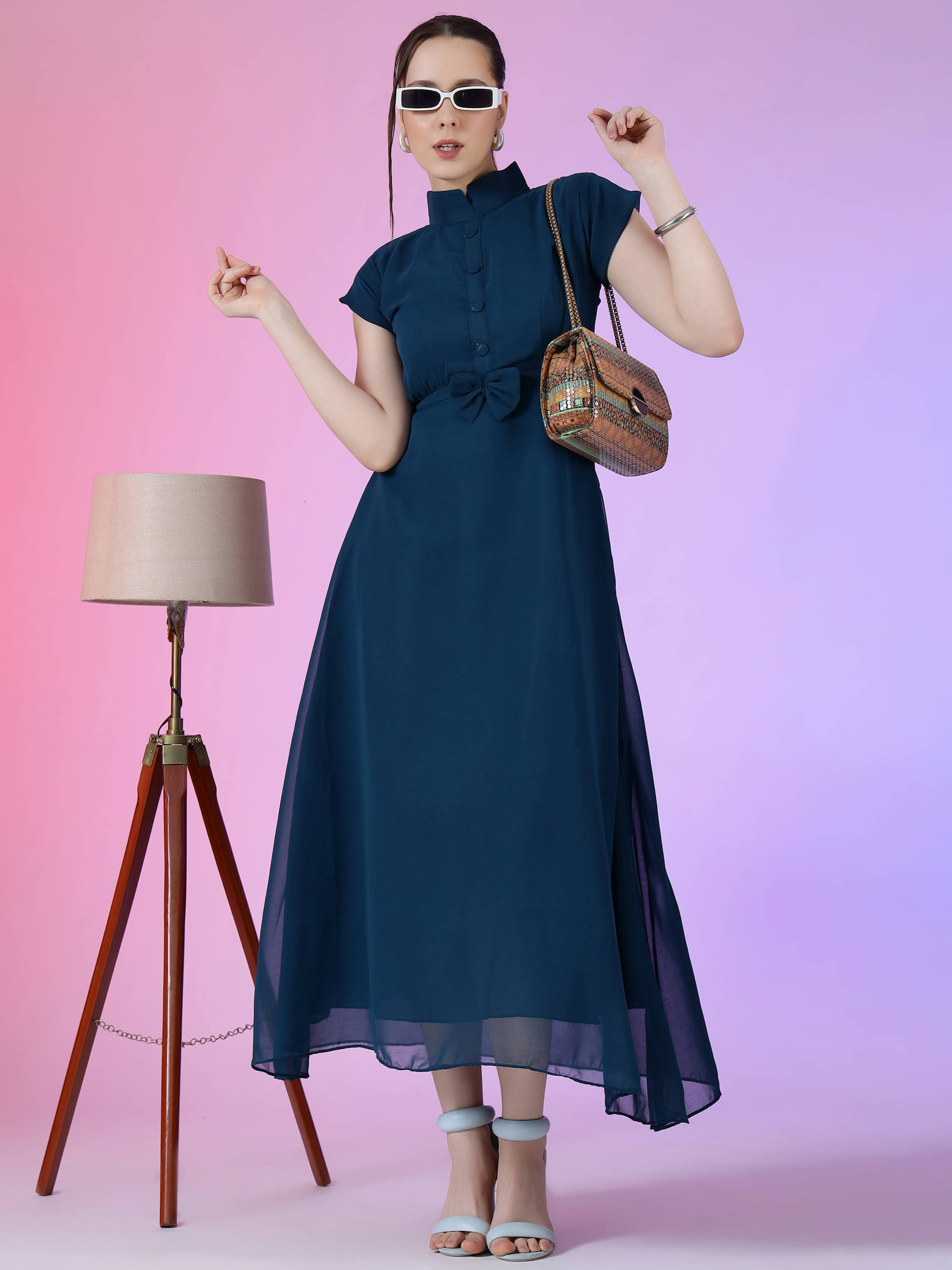     			JASH CREATION Women Georgette Solid Fit & Flare Dress ( Blue )