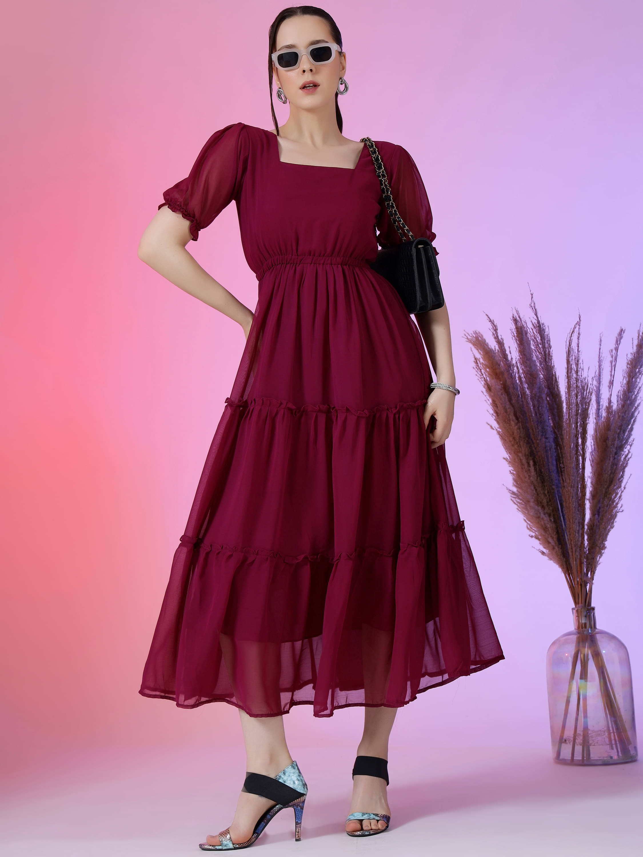 JASH CREATION Women Georgette Solid Fit & Flare Dress ( Purple ) JASH CREATION Women Georgette Solid Fit & Flare Dress ( Purple )