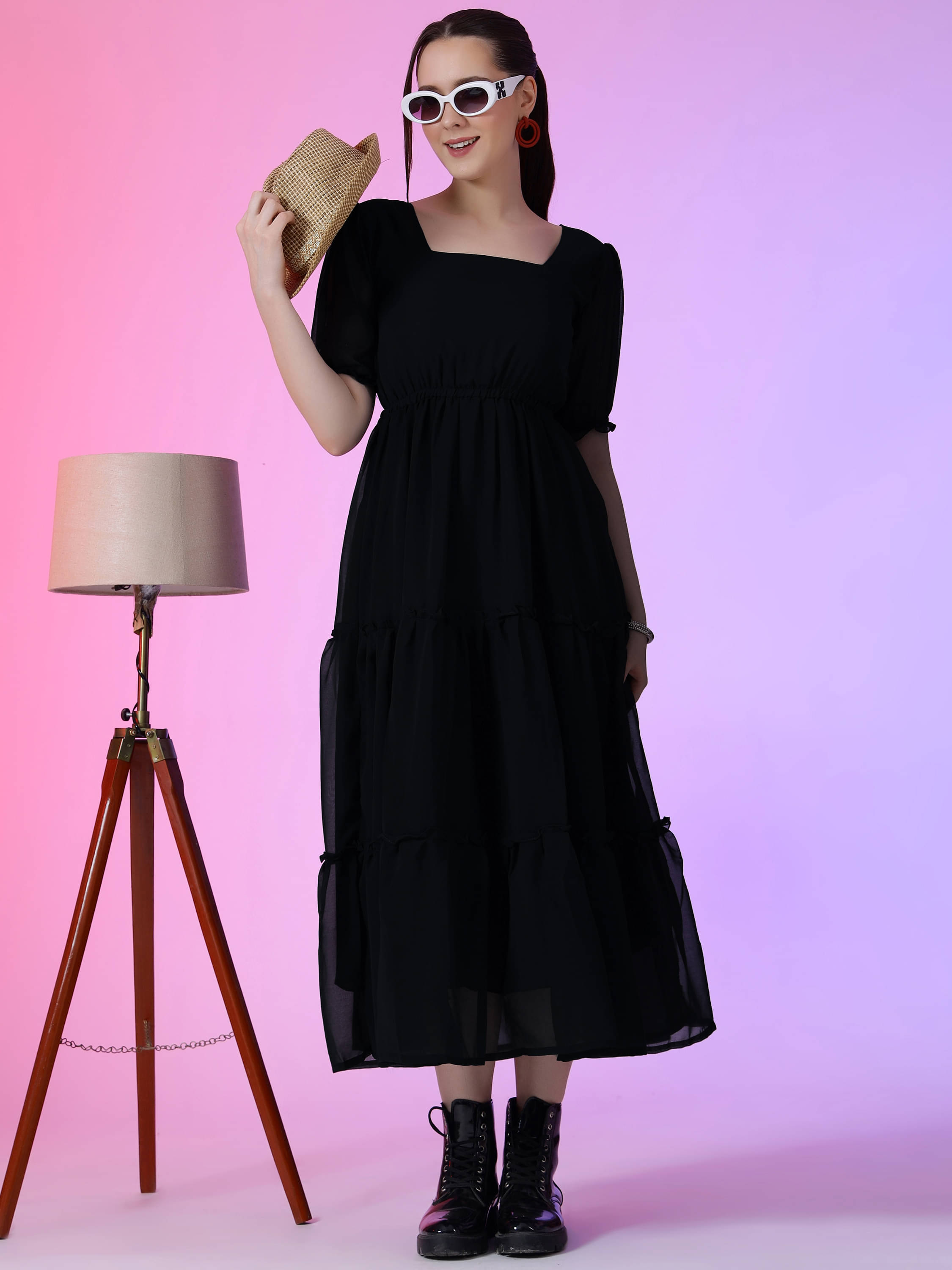 JASH CREATION Women Georgette Solid Fit & Flare Dress ( Black ) JASH CREATION Women Georgette Solid Fit & Flare Dress ( Black )