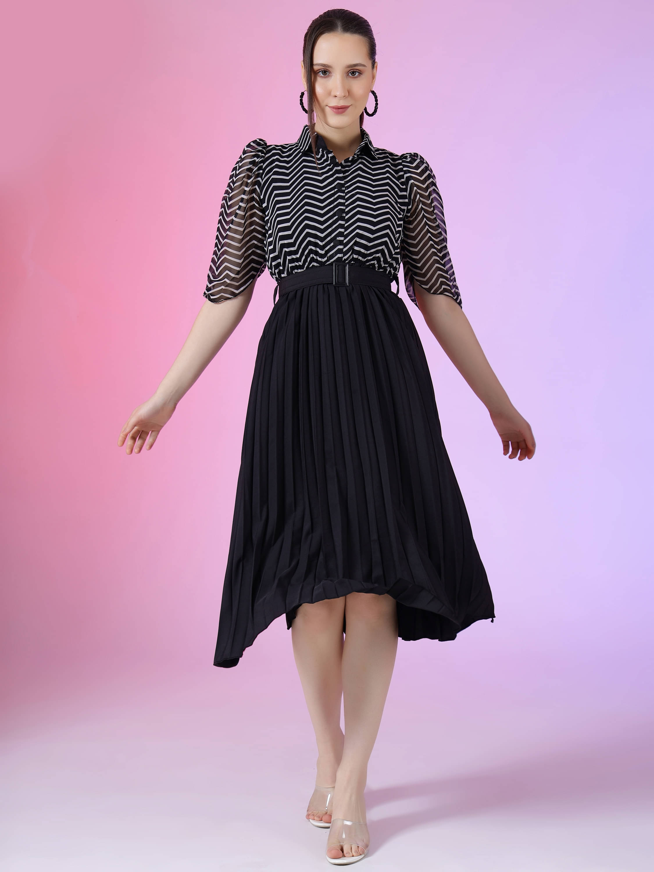 JASH CREATION Polyester Printed Knee Length Women's Fit & Flare Dress - Black ( Pack of 1 ) JASH CREATION Polyester Printed Knee Length Women's Fit & Flare Dress - Black ( Pack of 1 )