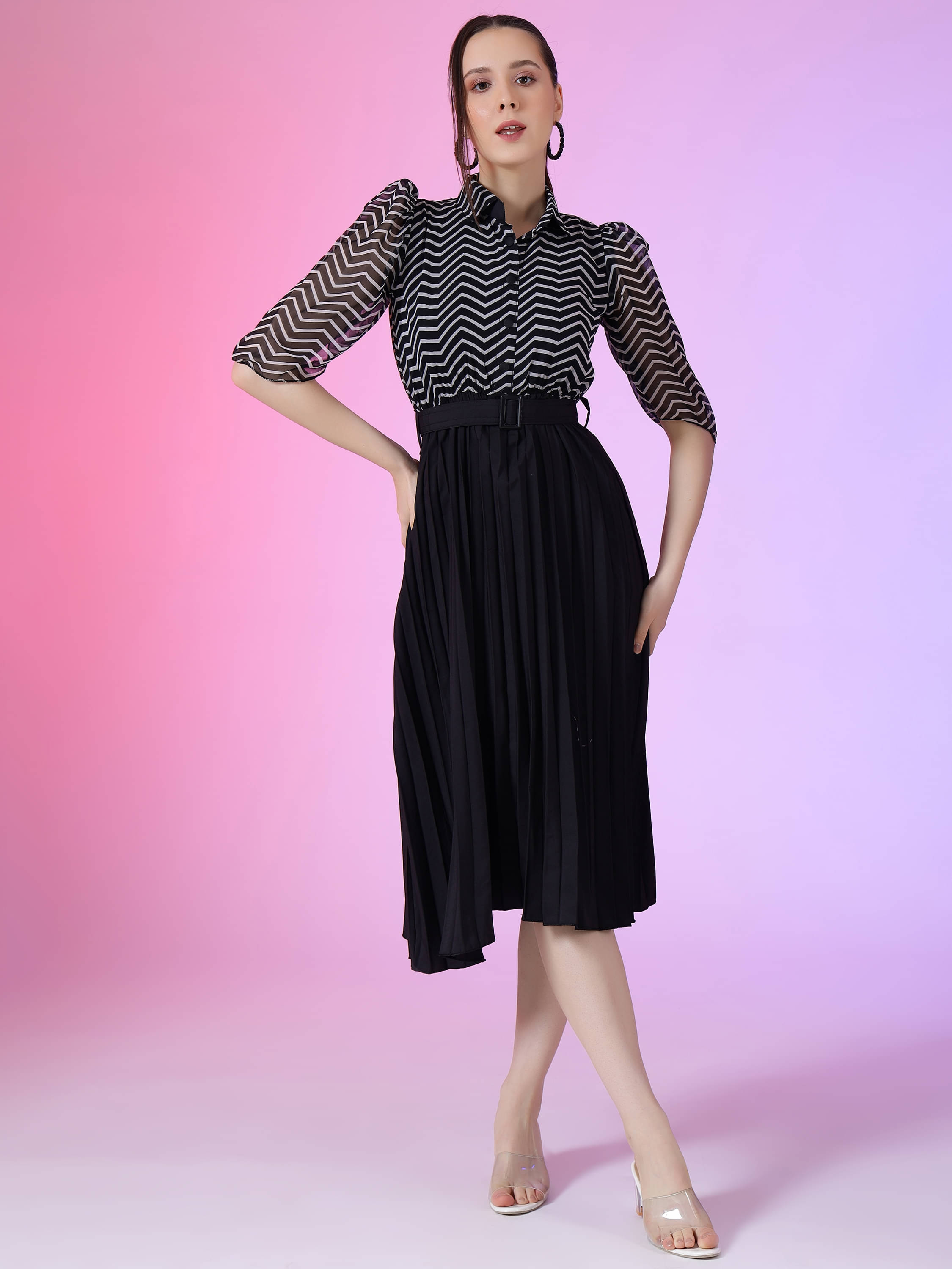 JASH CREATION Polyester Printed Knee Length Women's Fit & Flare Dress - Black ( Pack of 1 ) JASH CREATION Polyester Printed Knee Length Women's Fit & Flare Dress - Black ( Pack of 1 )
