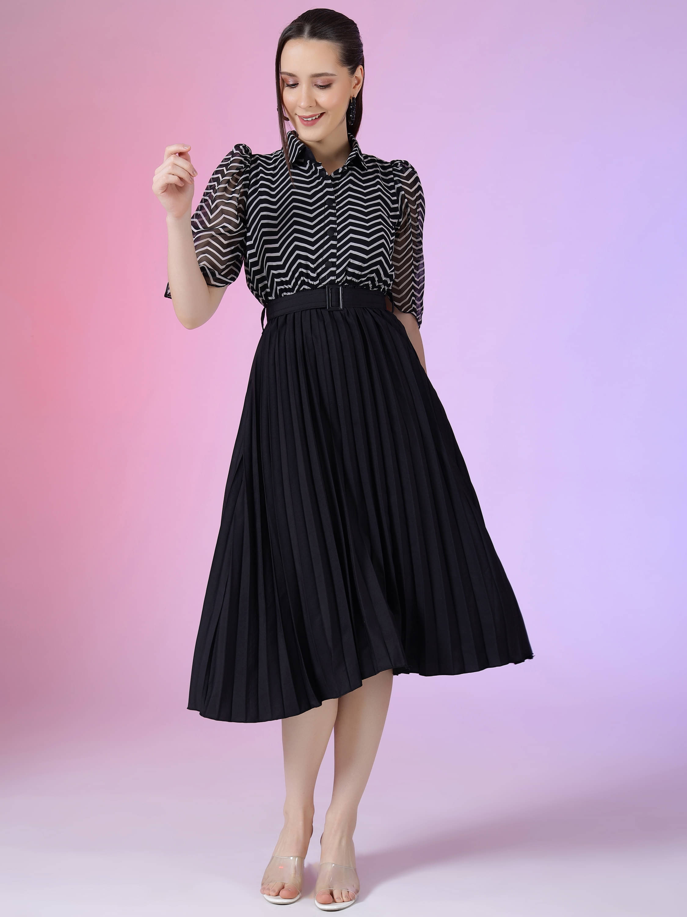 JASH CREATION Polyester Printed Knee Length Women's Fit & Flare Dress - Black ( Pack of 1 ) JASH CREATION Polyester Printed Knee Length Women's Fit & Flare Dress - Black ( Pack of 1 )
