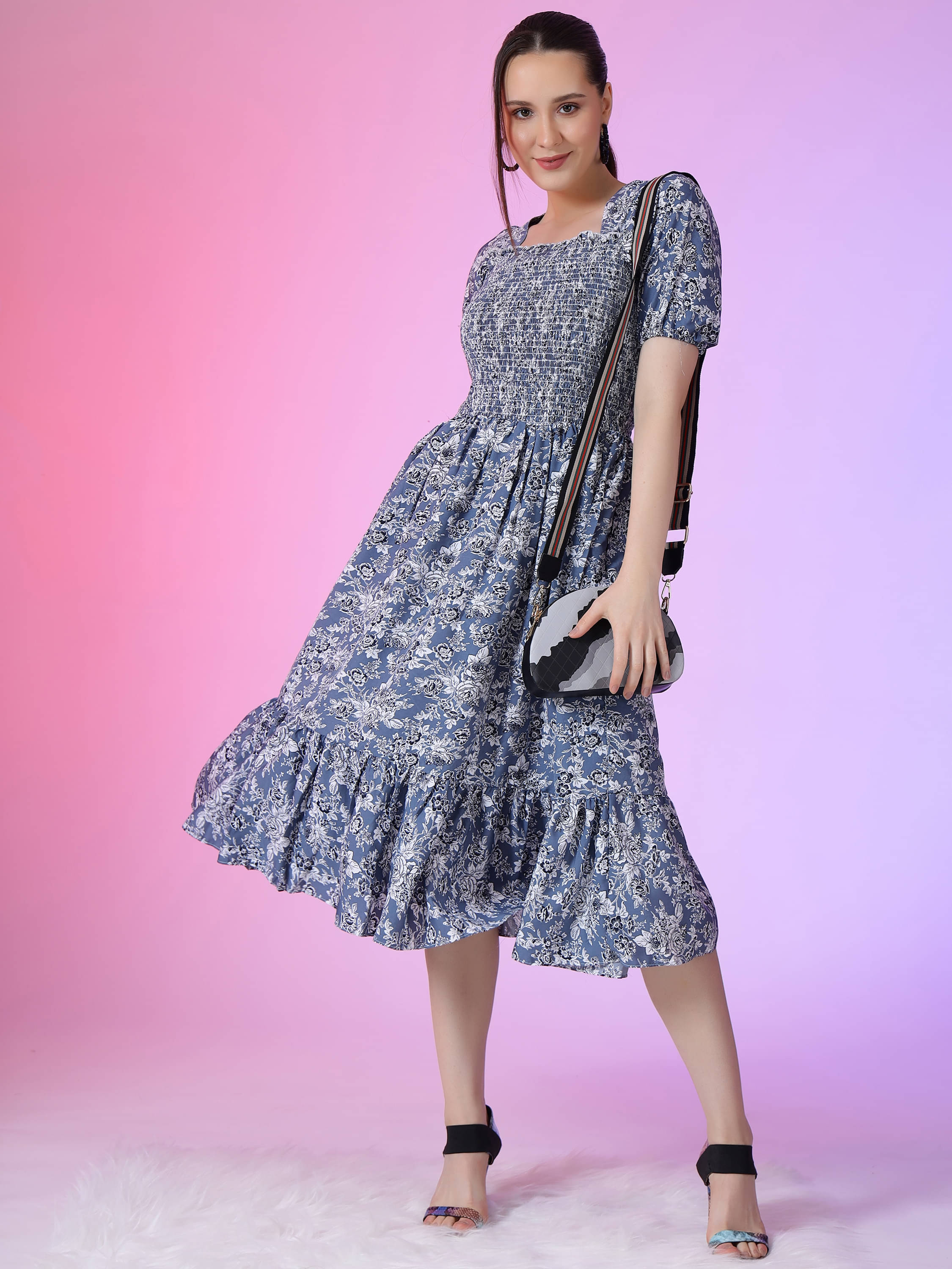     			JASH CREATION Women Polyester Printed Fit & Flare Dress ( Blue )
