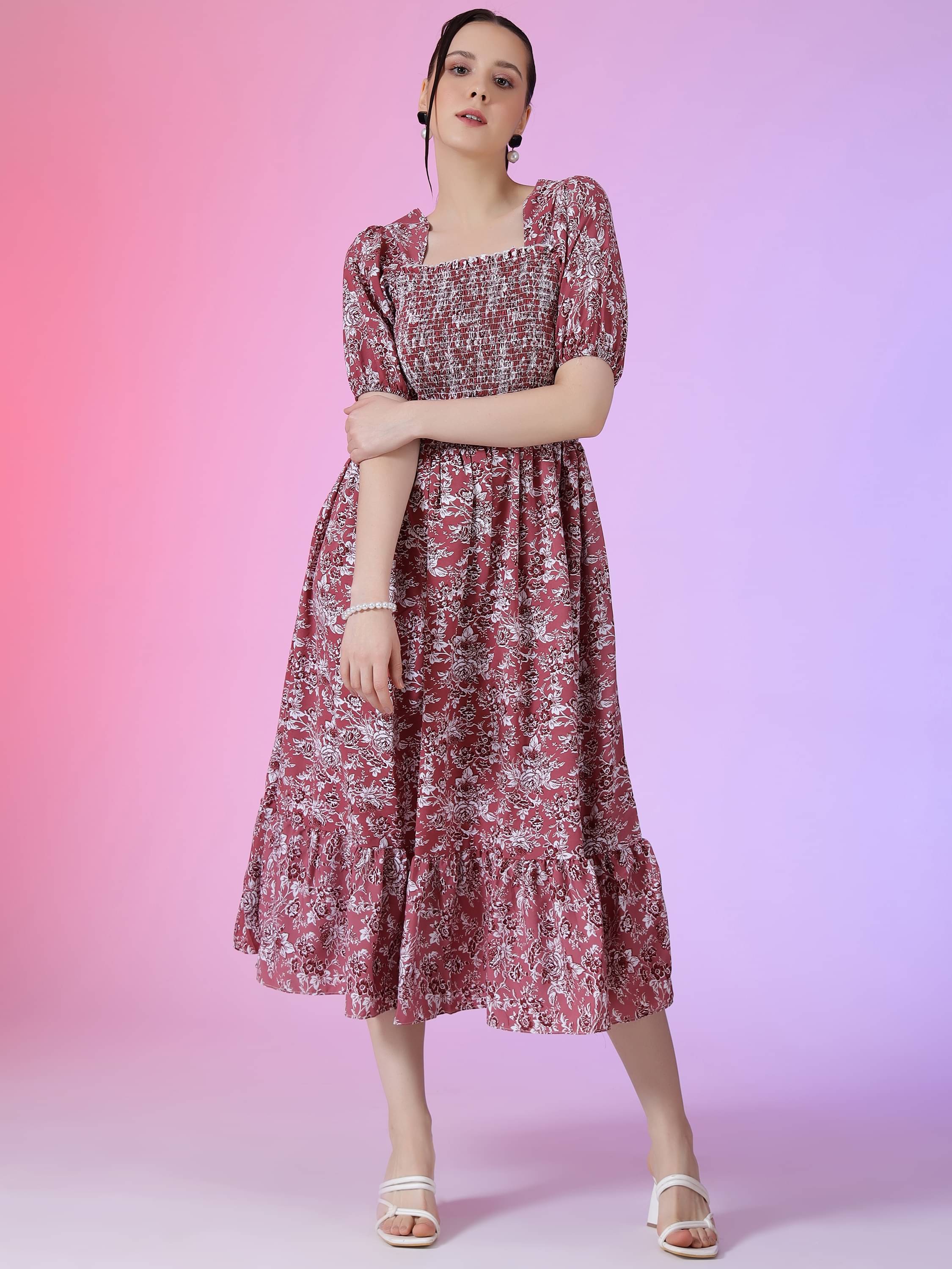 JASH CREATION Polyester Printed Knee Length Women's Fit & Flare Dress - Pink ( Pack of 1 ) JASH CREATION Polyester Printed Knee Length Women's Fit & Flare Dress - Pink ( Pack of 1 )