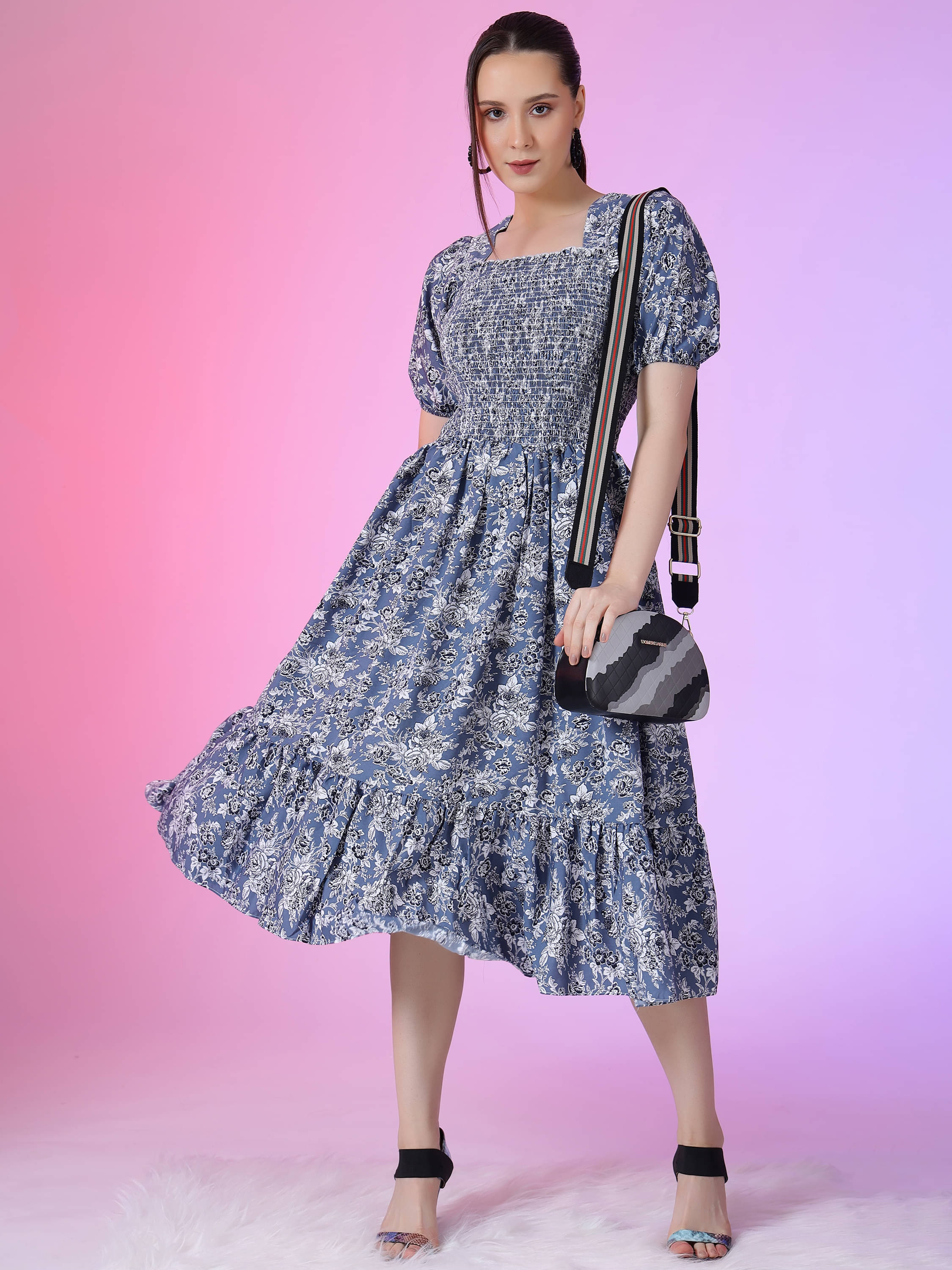     			JASH CREATION Women Polyester Printed Fit & Flare Dress ( Blue )
