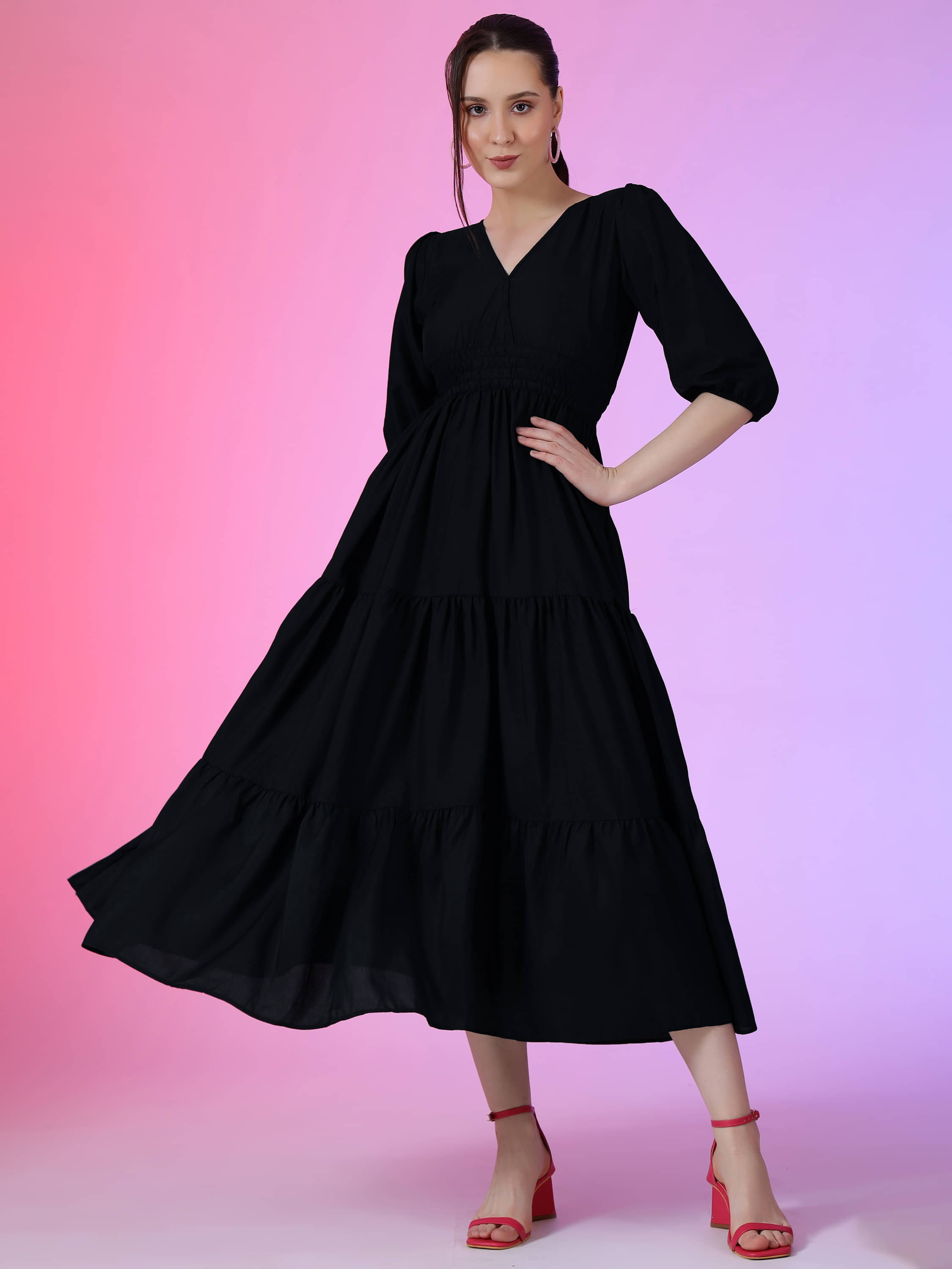 JASH CREATION Polyester Solid Full Length Women's Fit & Flare Dress - Black ( Pack of 1 ) JASH CREATION Polyester Solid Full Length Women's Fit & Flare Dress - Black ( Pack of 1 )