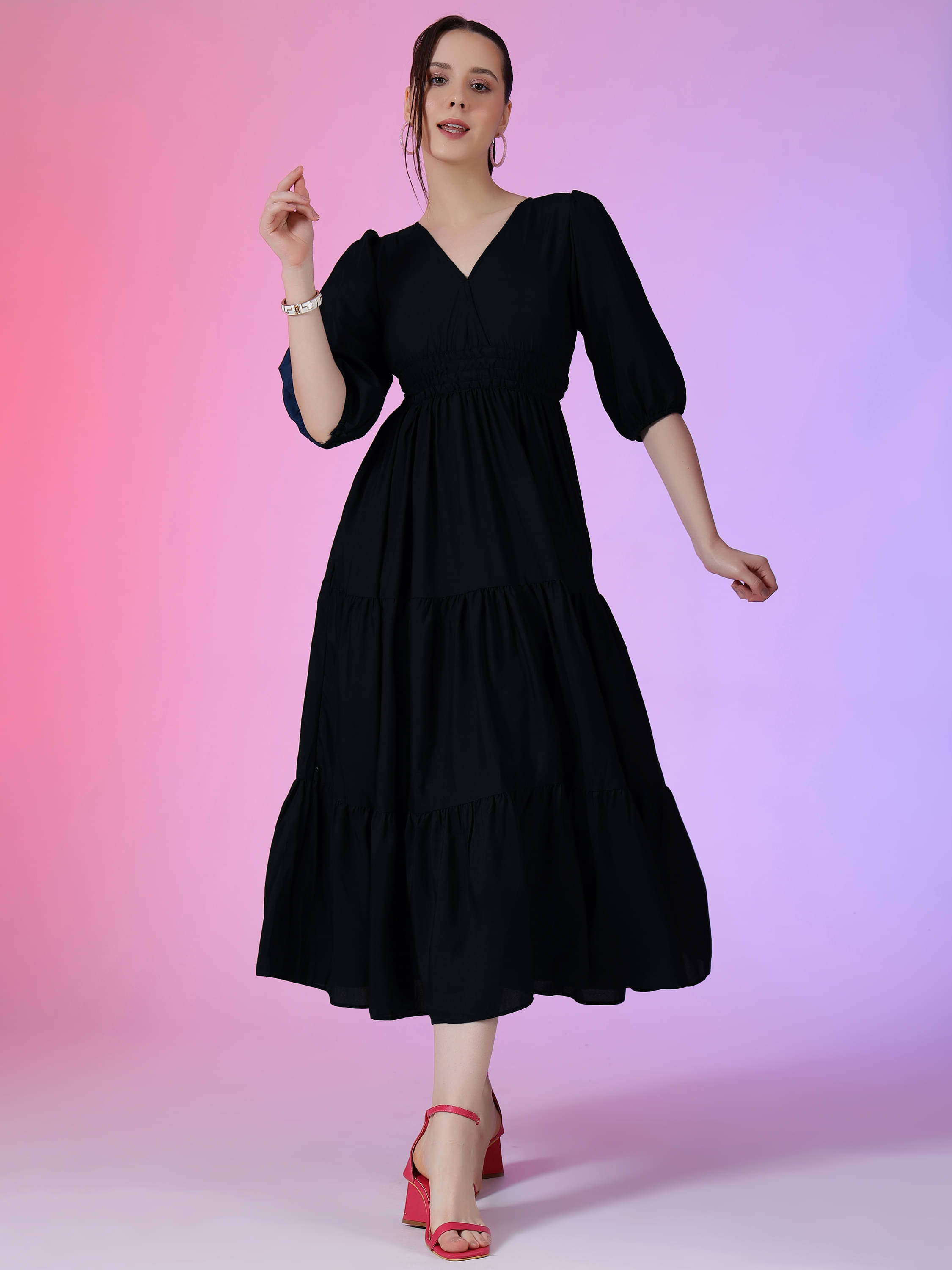 JASH CREATION Women Polyester Solid Fit & Flare Dress ( Black ) JASH CREATION Women Polyester Solid Fit & Flare Dress ( Black )