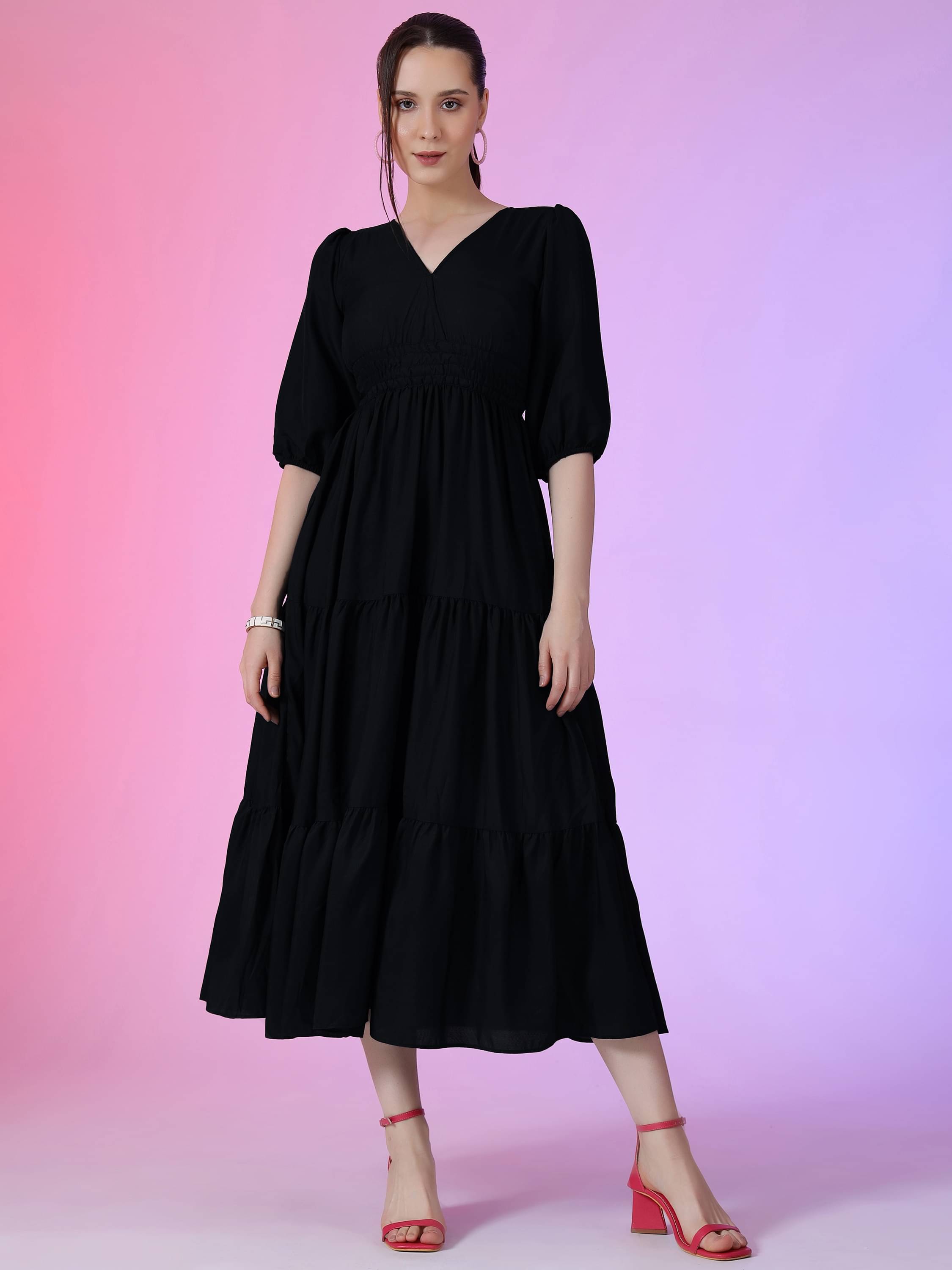 JASH CREATION Polyester Solid Full Length Women's Fit & Flare Dress - Black ( Pack of 1 ) JASH CREATION Polyester Solid Full Length Women's Fit & Flare Dress - Black ( Pack of 1 )