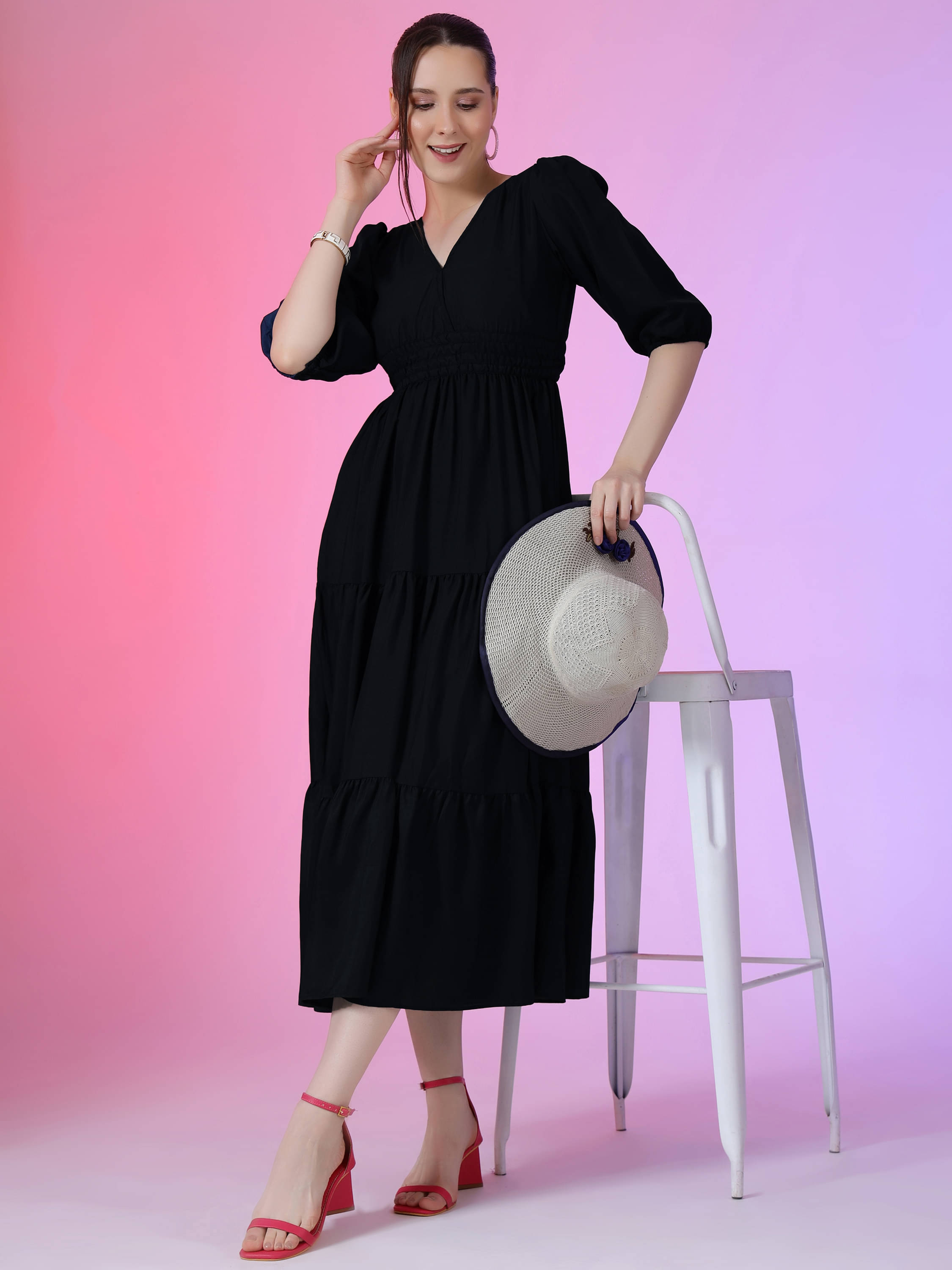     			JASH CREATION Women Polyester Solid Fit & Flare Dress ( Black )