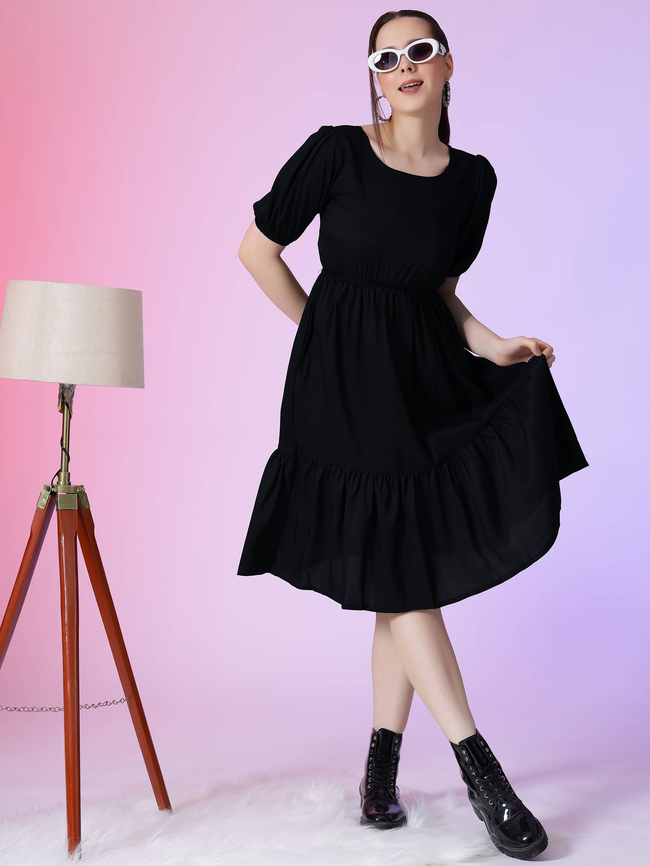 JASH CREATION Women Polyester Solid Fit & Flare Dress ( Black ) JASH CREATION Women Polyester Solid Fit & Flare Dress ( Black )