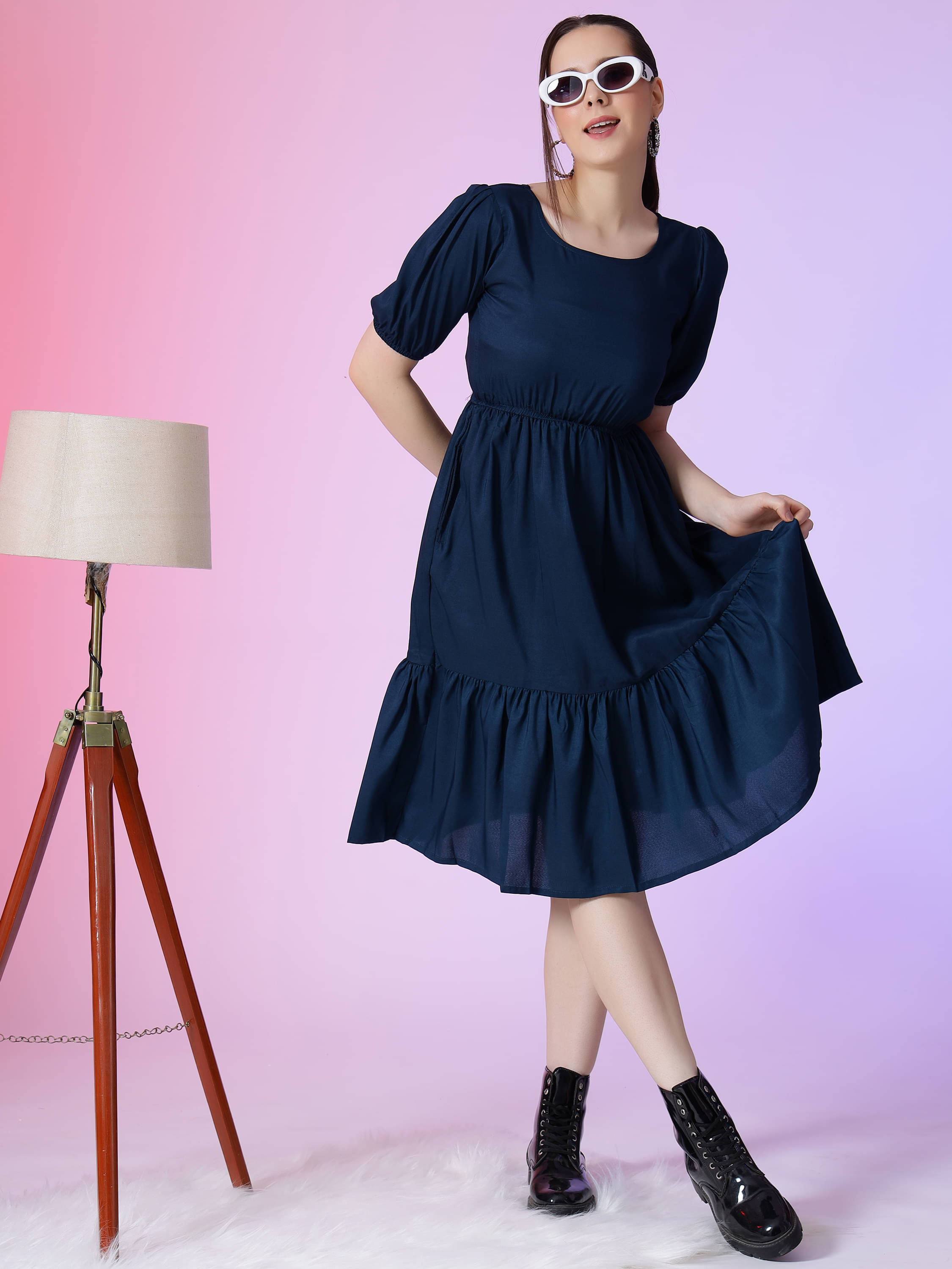 JASH CREATION Polyester Solid Knee Length Women's Fit & Flare Dress - Blue ( Pack of 1 ) JASH CREATION Polyester Solid Knee Length Women's Fit & Flare Dress - Blue ( Pack of 1 )