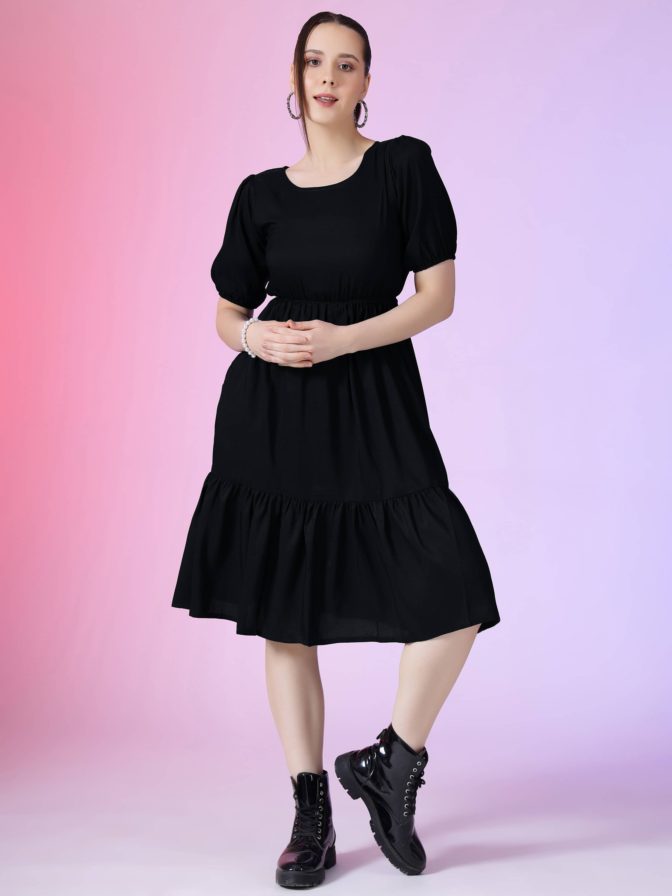 JASH CREATION Women Polyester Solid Fit & Flare Dress ( Black ) JASH CREATION Women Polyester Solid Fit & Flare Dress ( Black )