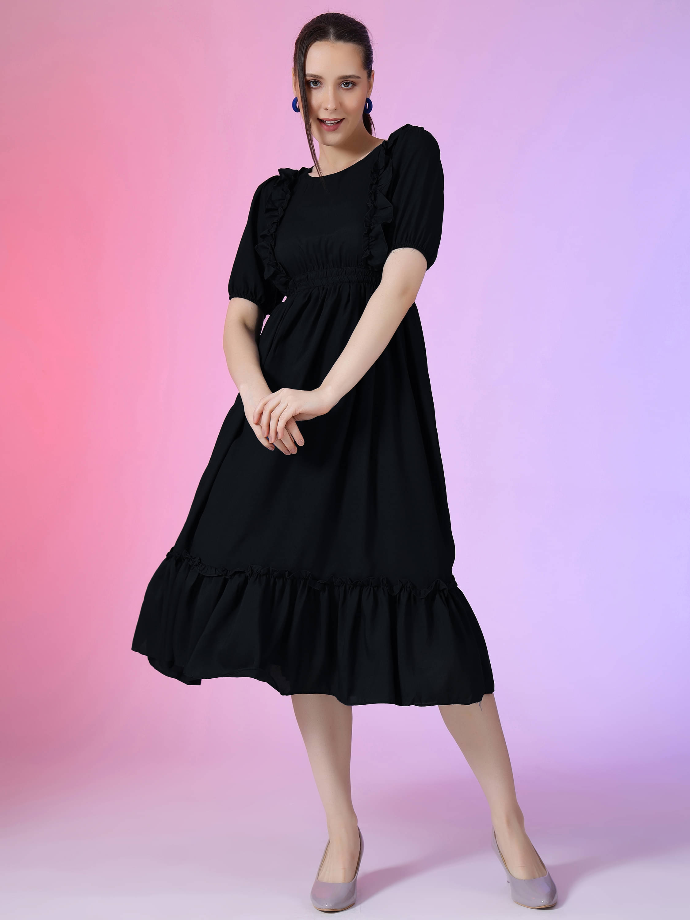     			JASH CREATION Women Polyester Solid Fit & Flare Dress ( Black )