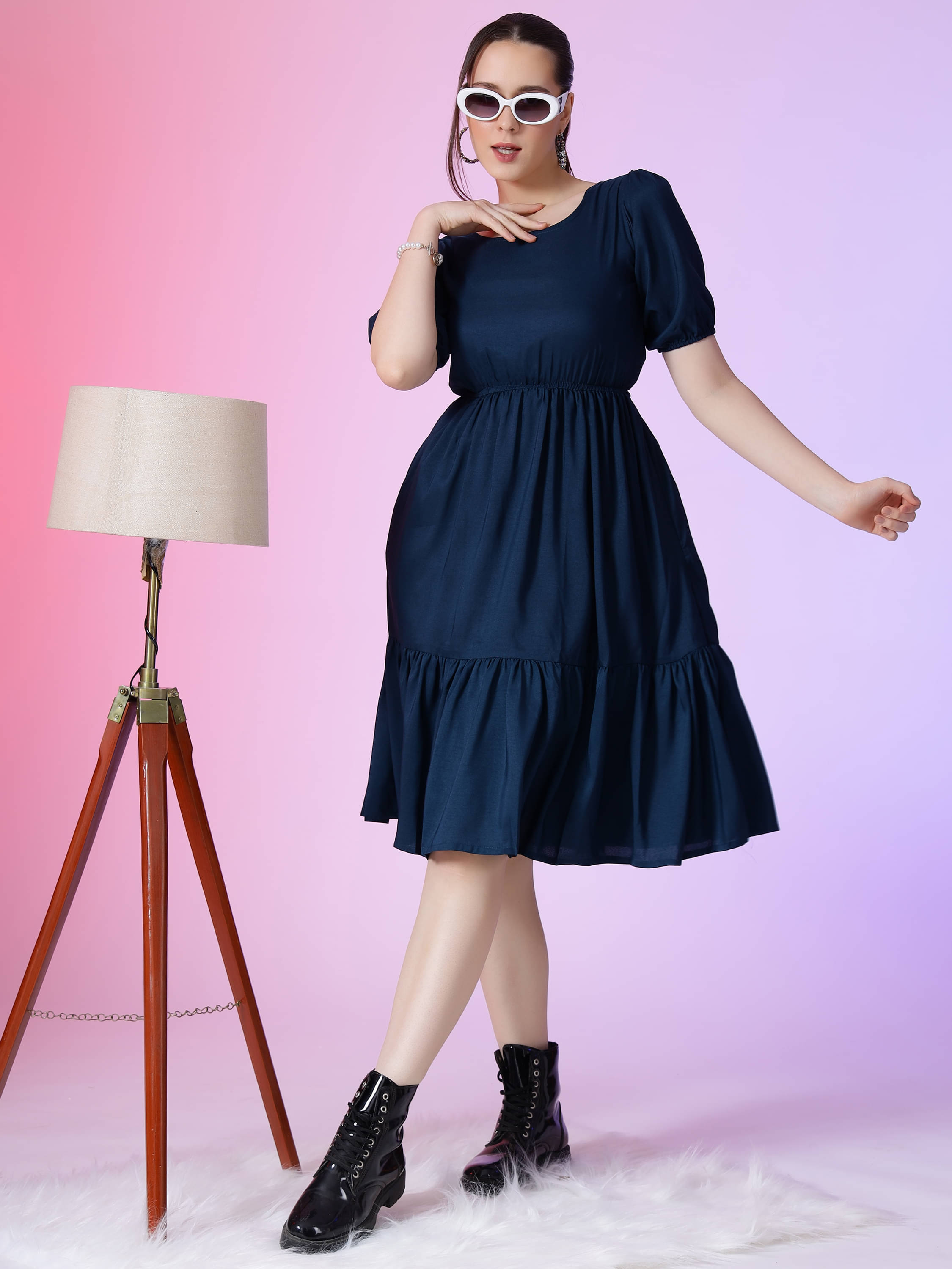     			JASH CREATION Women Polyester Solid Fit & Flare Dress ( Blue )