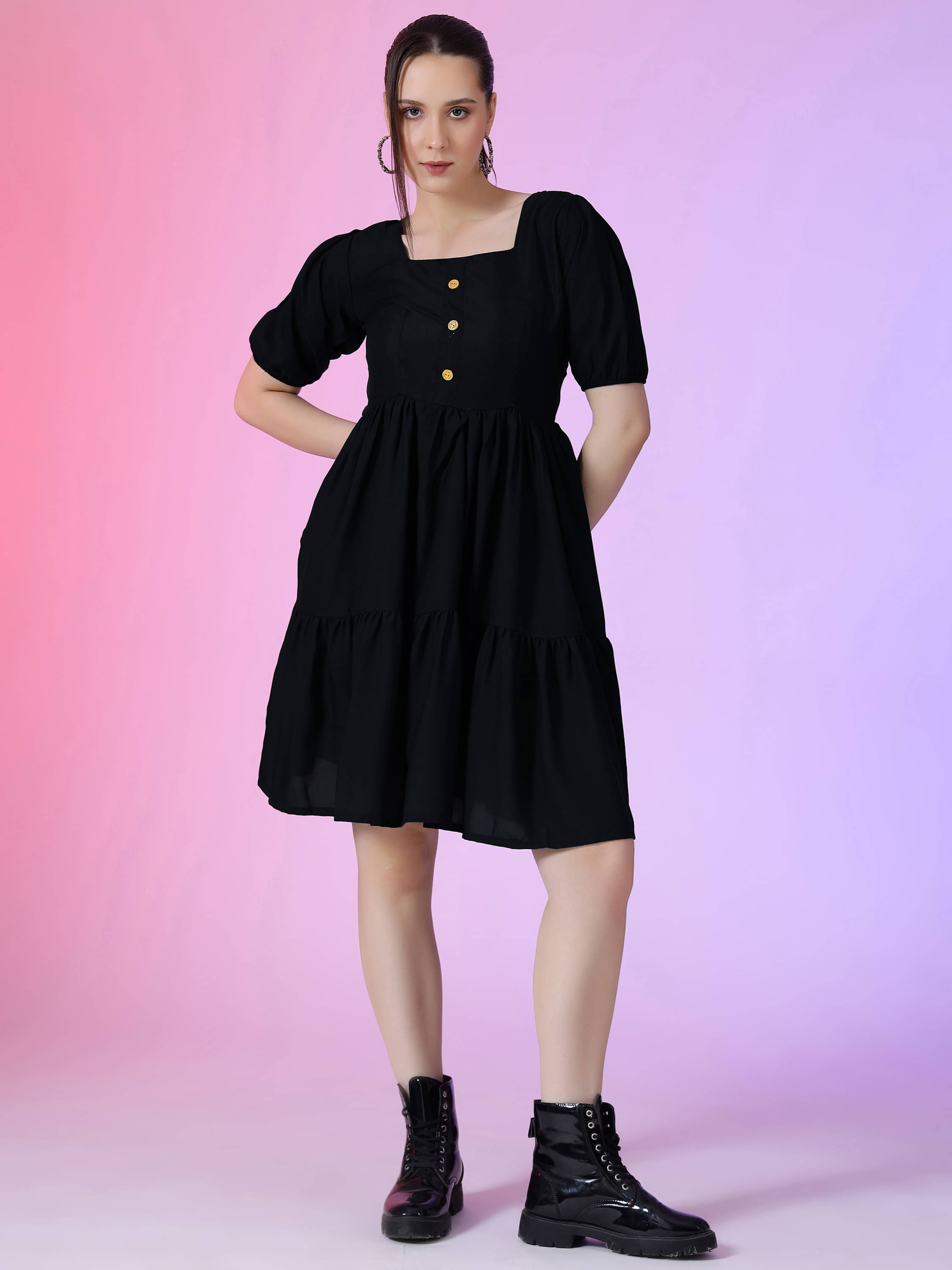     			JASH CREATION Women Polyester Solid Fit & Flare Dress ( Black )