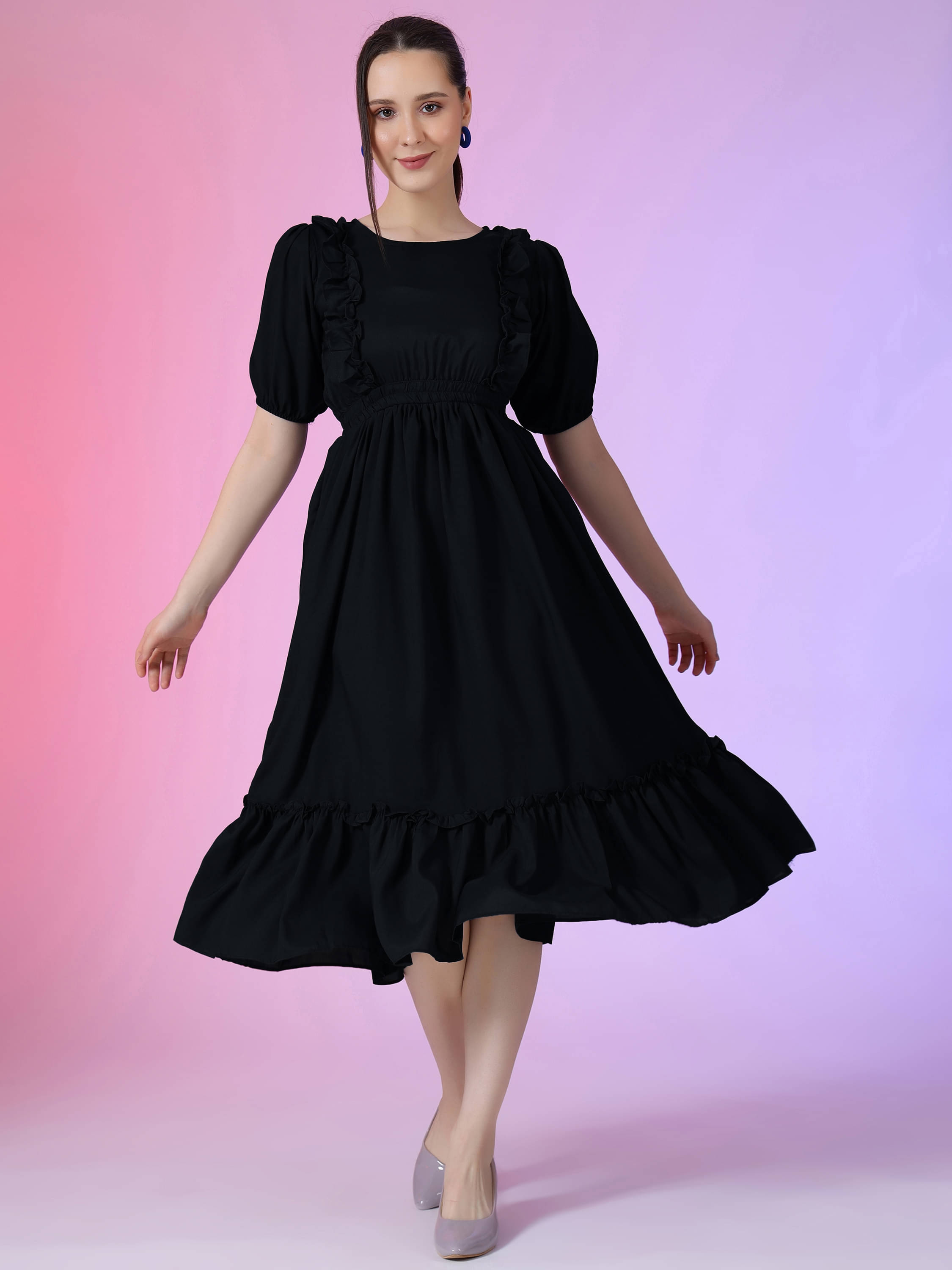     			JASH CREATION Women Polyester Solid Fit & Flare Dress ( Black )