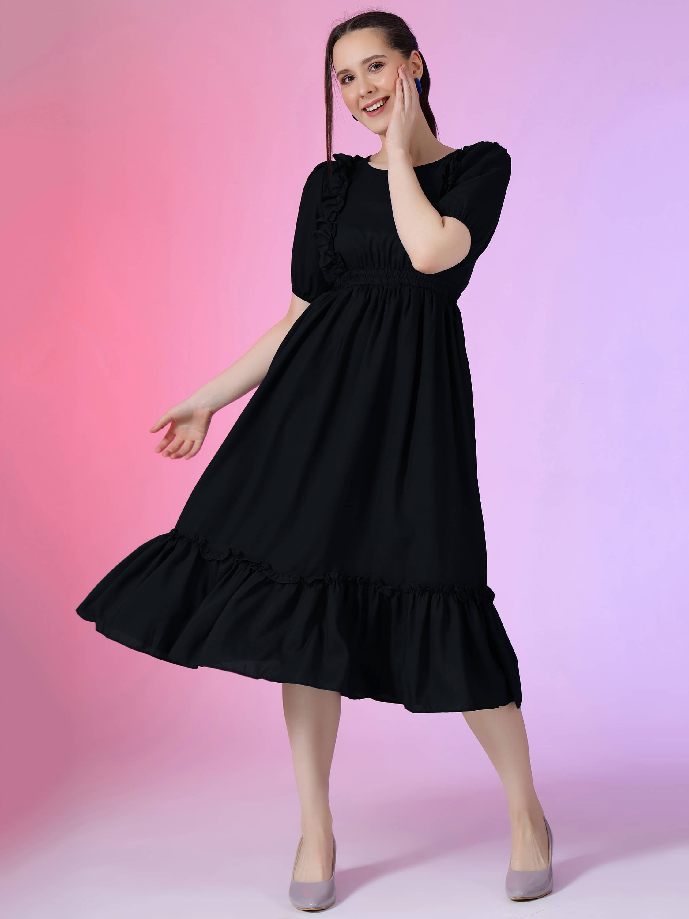 JASH CREATION Women Polyester Solid Fit & Flare Dress ( Black ) JASH CREATION Women Polyester Solid Fit & Flare Dress ( Black )