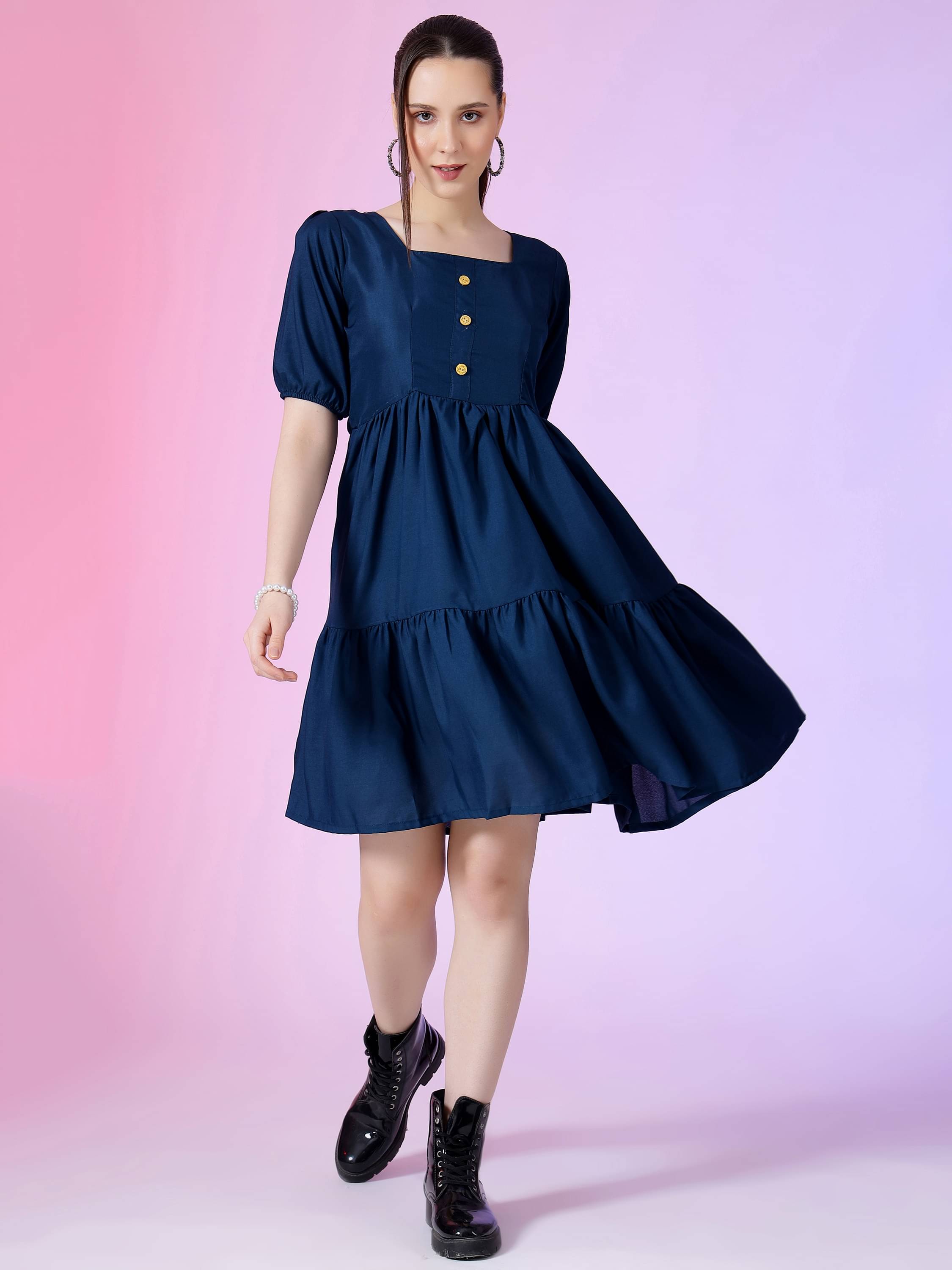 JASH CREATION Polyester Solid Knee Length Women's Fit & Flare Dress - Blue ( Pack of 1 ) JASH CREATION Polyester Solid Knee Length Women's Fit & Flare Dress - Blue ( Pack of 1 )