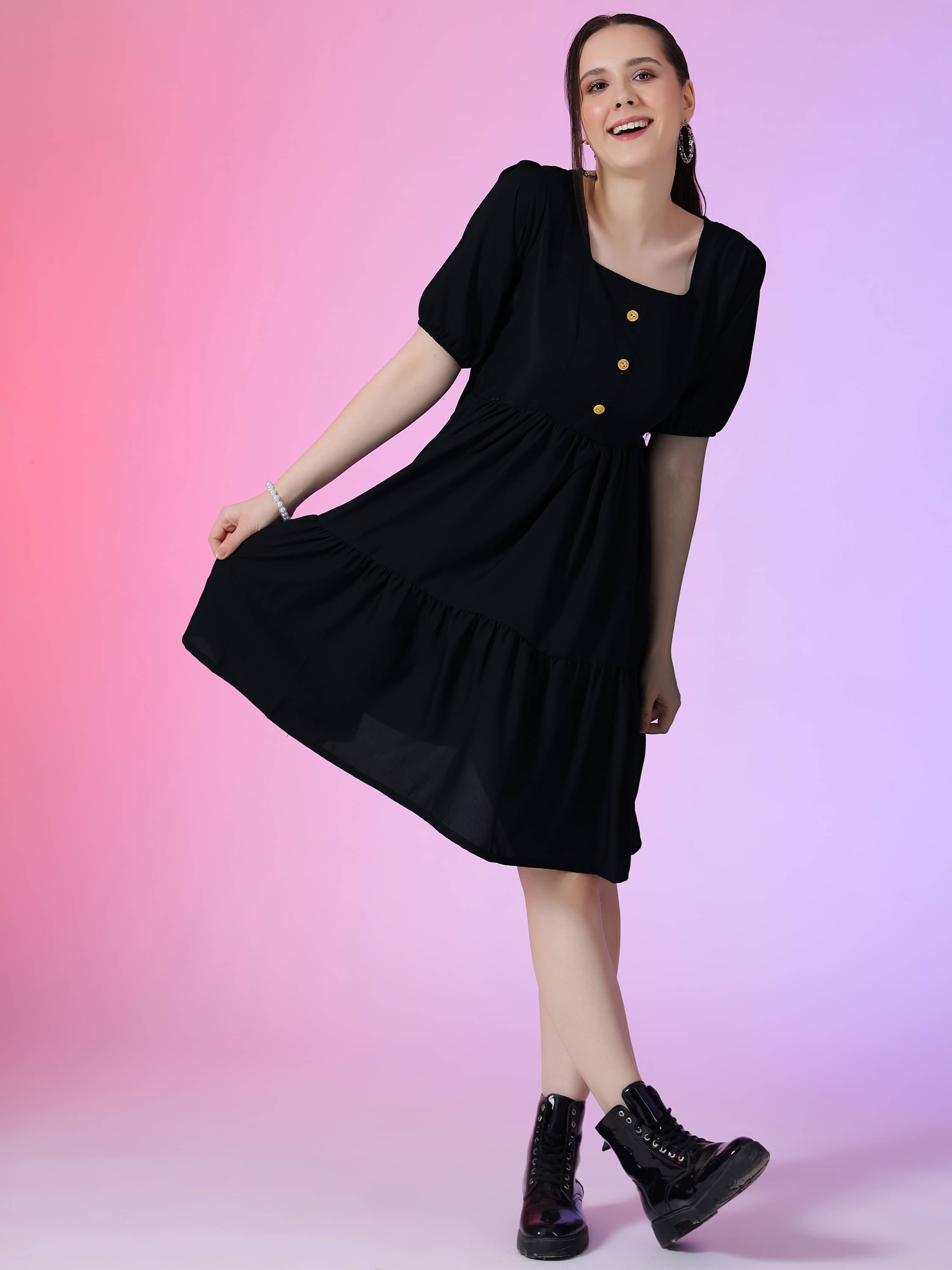     			JASH CREATION Women Polyester Solid Fit & Flare Dress ( Black )