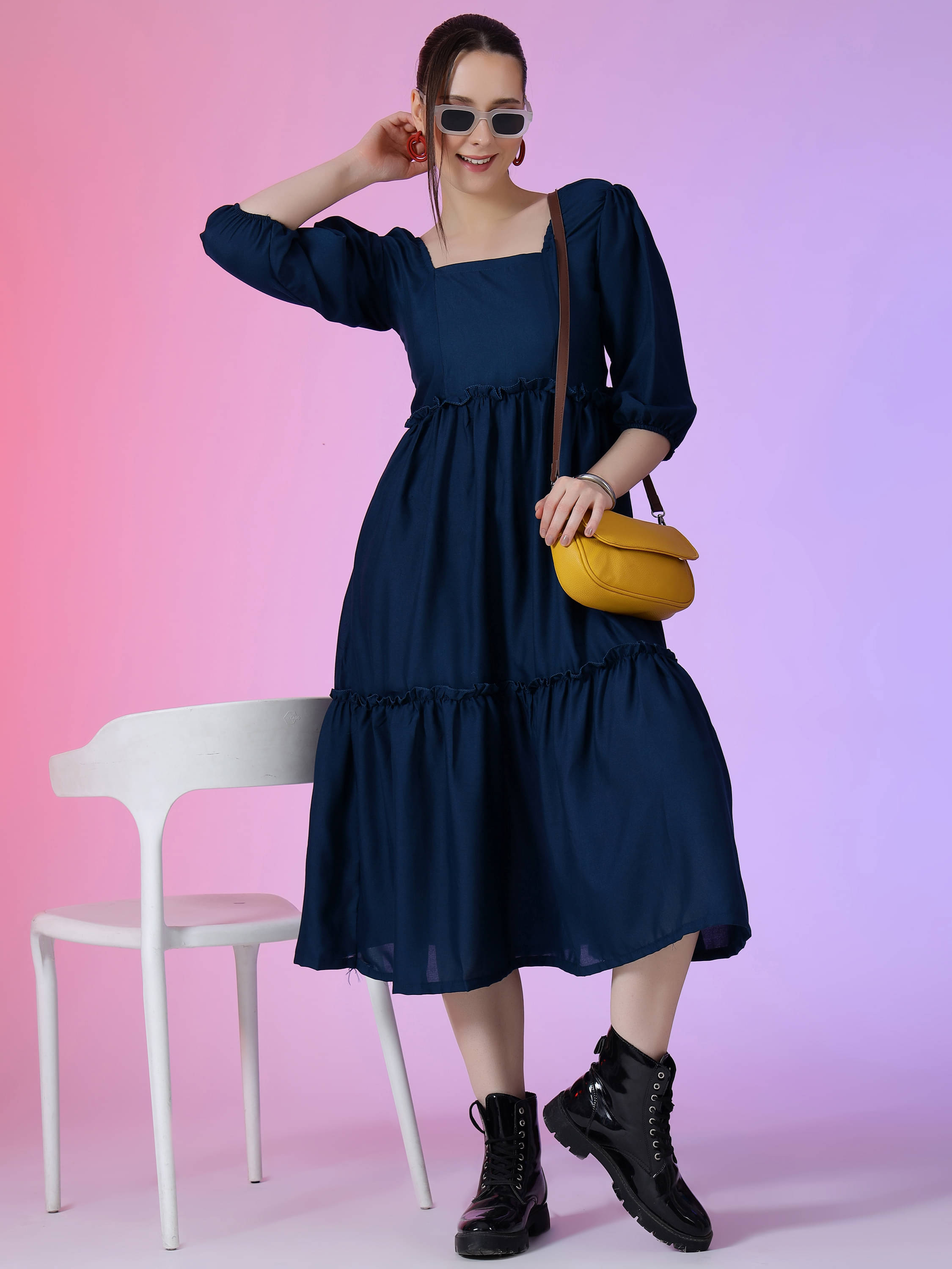 JASH CREATION Polyester Solid Knee Length Women's Fit & Flare Dress - Blue ( Pack of 1 ) JASH CREATION Polyester Solid Knee Length Women's Fit & Flare Dress - Blue ( Pack of 1 )