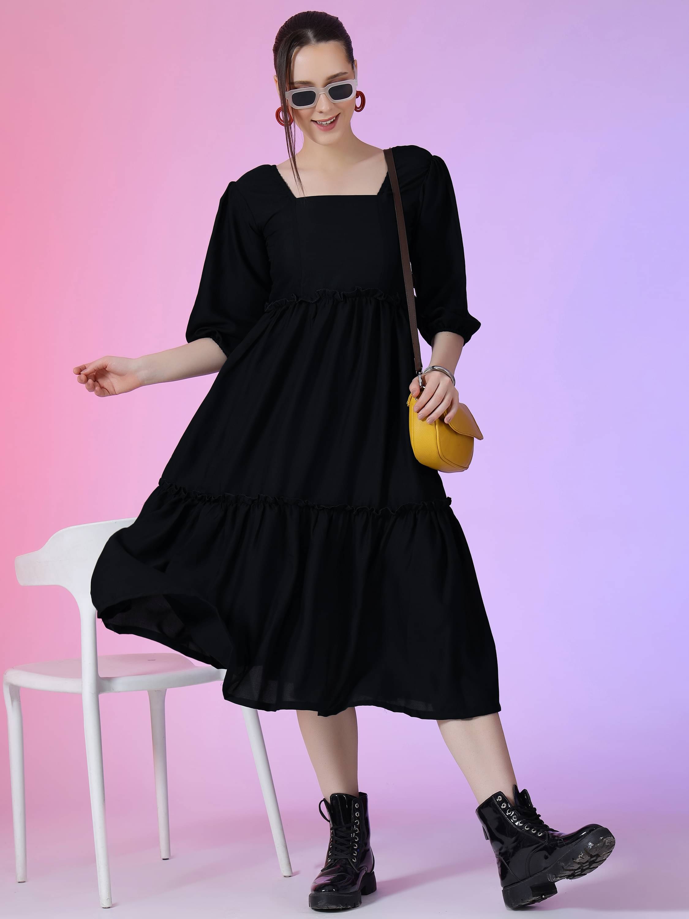 JASH CREATION Polyester Solid Knee Length Women's Fit & Flare Dress - Black ( Pack of 1 ) JASH CREATION Polyester Solid Knee Length Women's Fit & Flare Dress - Black ( Pack of 1 )