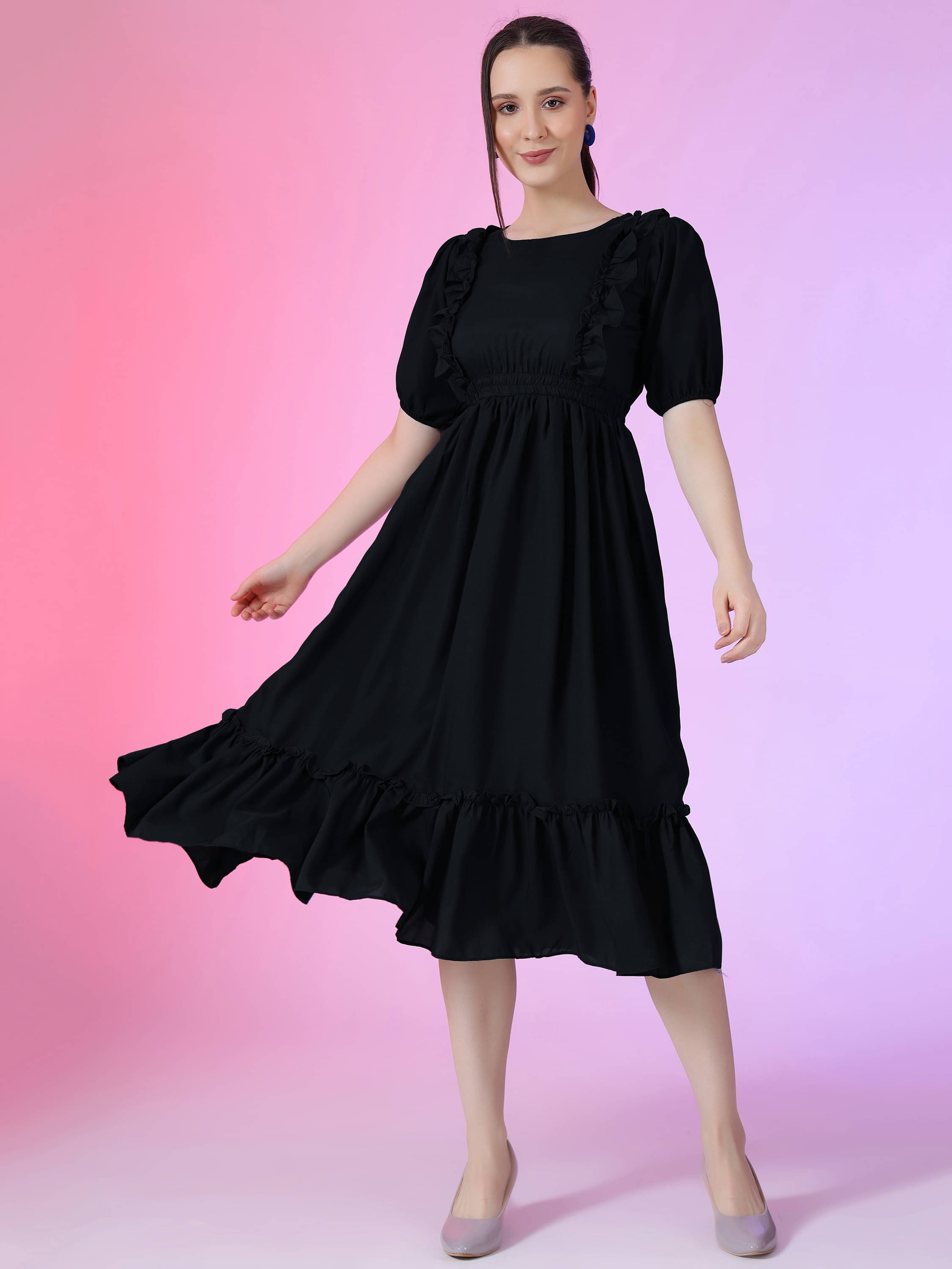 JASH CREATION Women Polyester Solid Fit & Flare Dress ( Black ) JASH CREATION Women Polyester Solid Fit & Flare Dress ( Black )