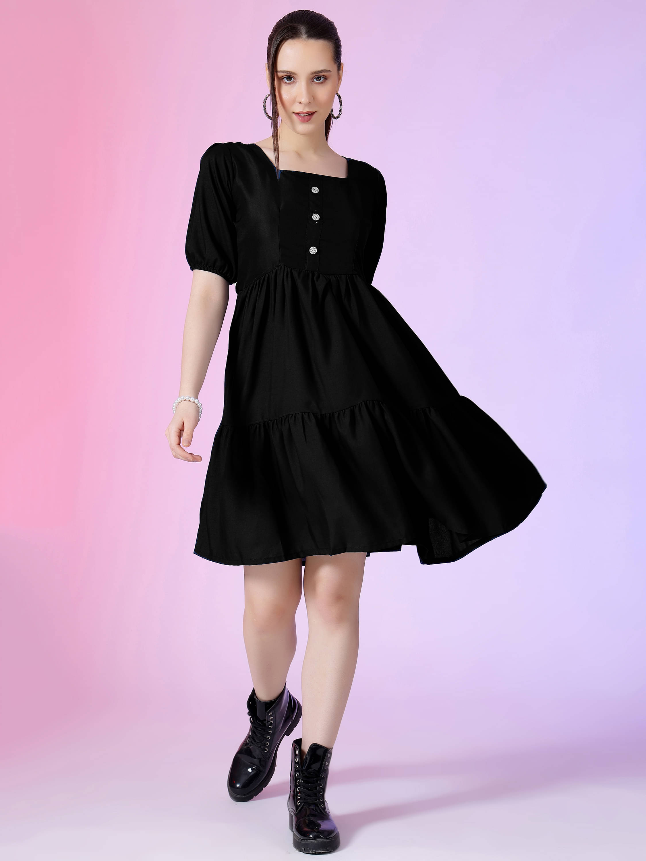 JASH CREATION Women Polyester Solid Fit & Flare Dress ( Black ) JASH CREATION Women Polyester Solid Fit & Flare Dress ( Black )